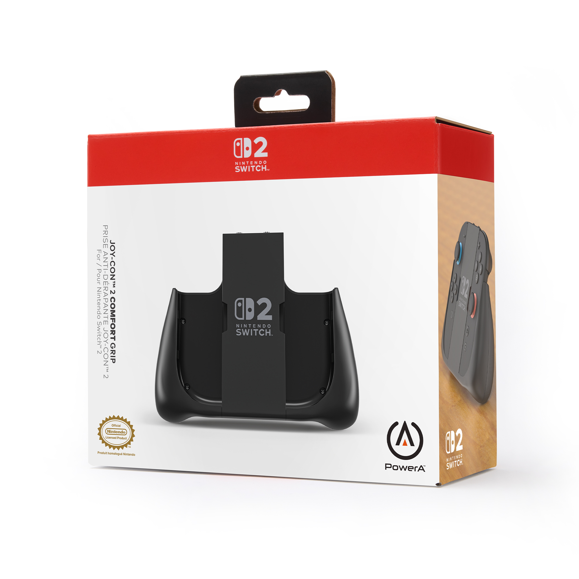 Verpackung für einen schwarzen Nintendo Switch 2 Comfort Grip von PowerA, weiß und rot gestaltet.