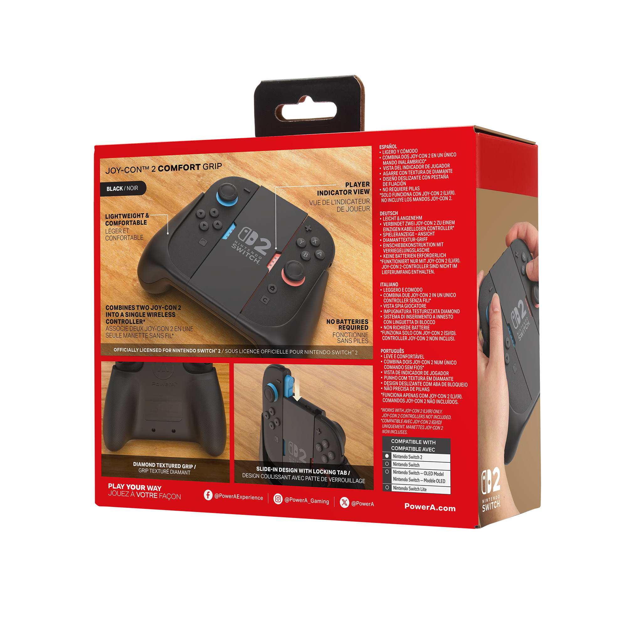 Rückseite einer rot-schwarzen Verpackung für einen Nintendo Switch Joy-Con Comfort Grip mit Produktmerkmalen.