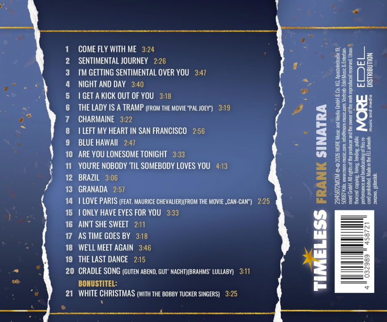 Frank Sinatra Timeless CD-Hülle mit Songtiteliste auf blauem Hintergrund mit zerrissenen Rändern.