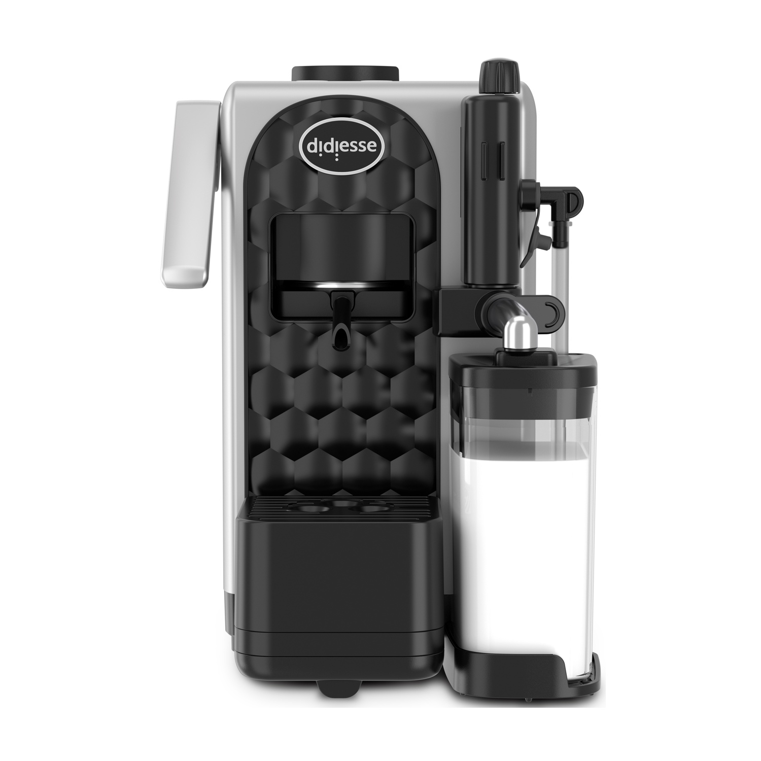 Moderna macchina da caffè argentata e nera con contenitore del latte integrato.