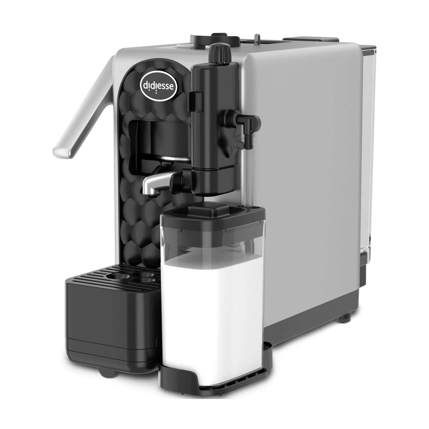 Moderna macchina da caffè argento e nera con contenitore per il latte su sfondo bianco.