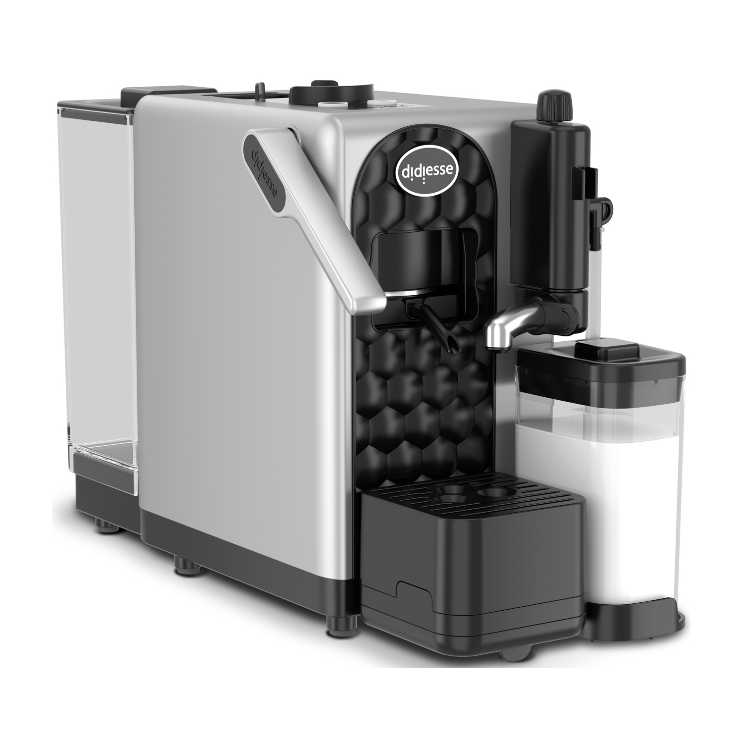 Moderna macchina da caffè Didiesse argento e nera con contenitore per latte e leva su superficie bianca.