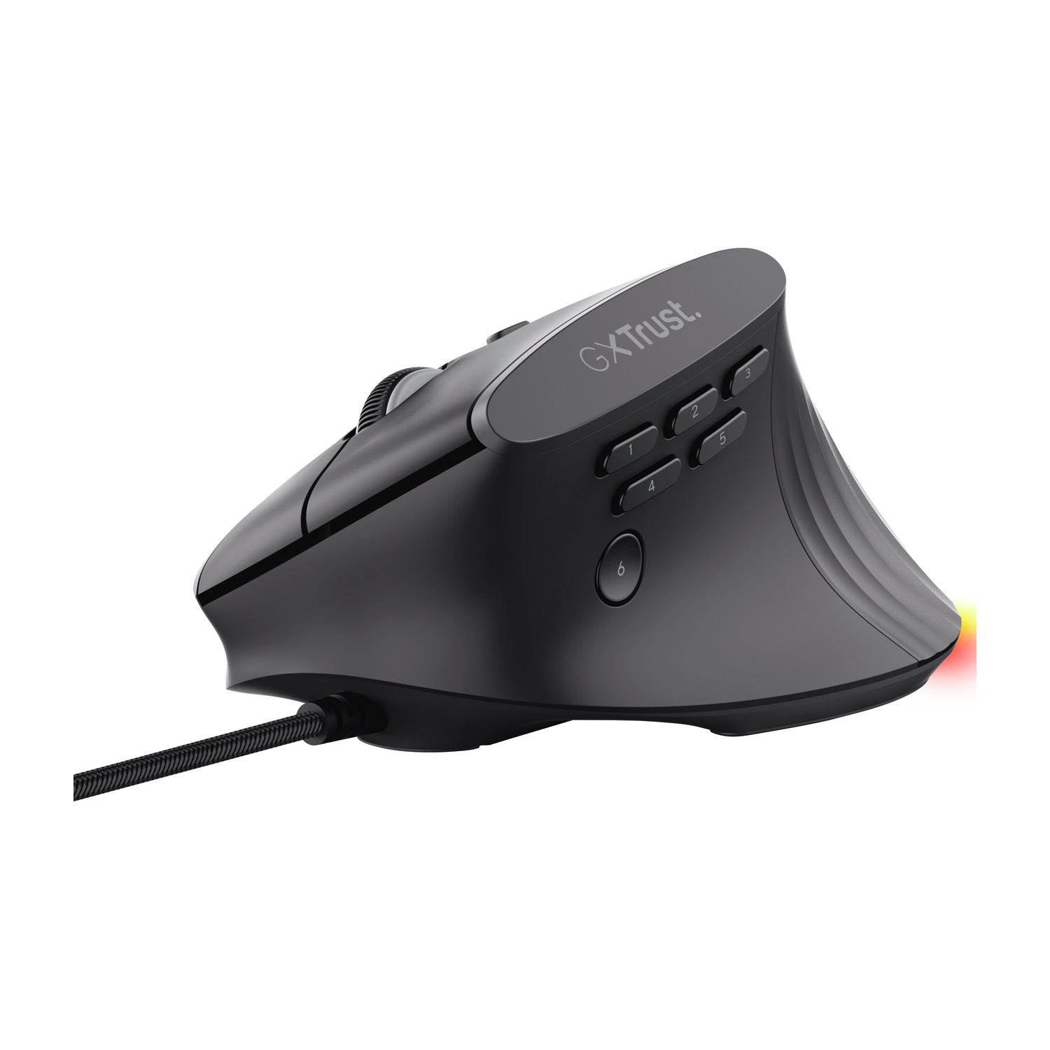 Mouse da gioco verticale ergonomico nero con pulsanti per il pollice e cavo su sfondo bianco.
