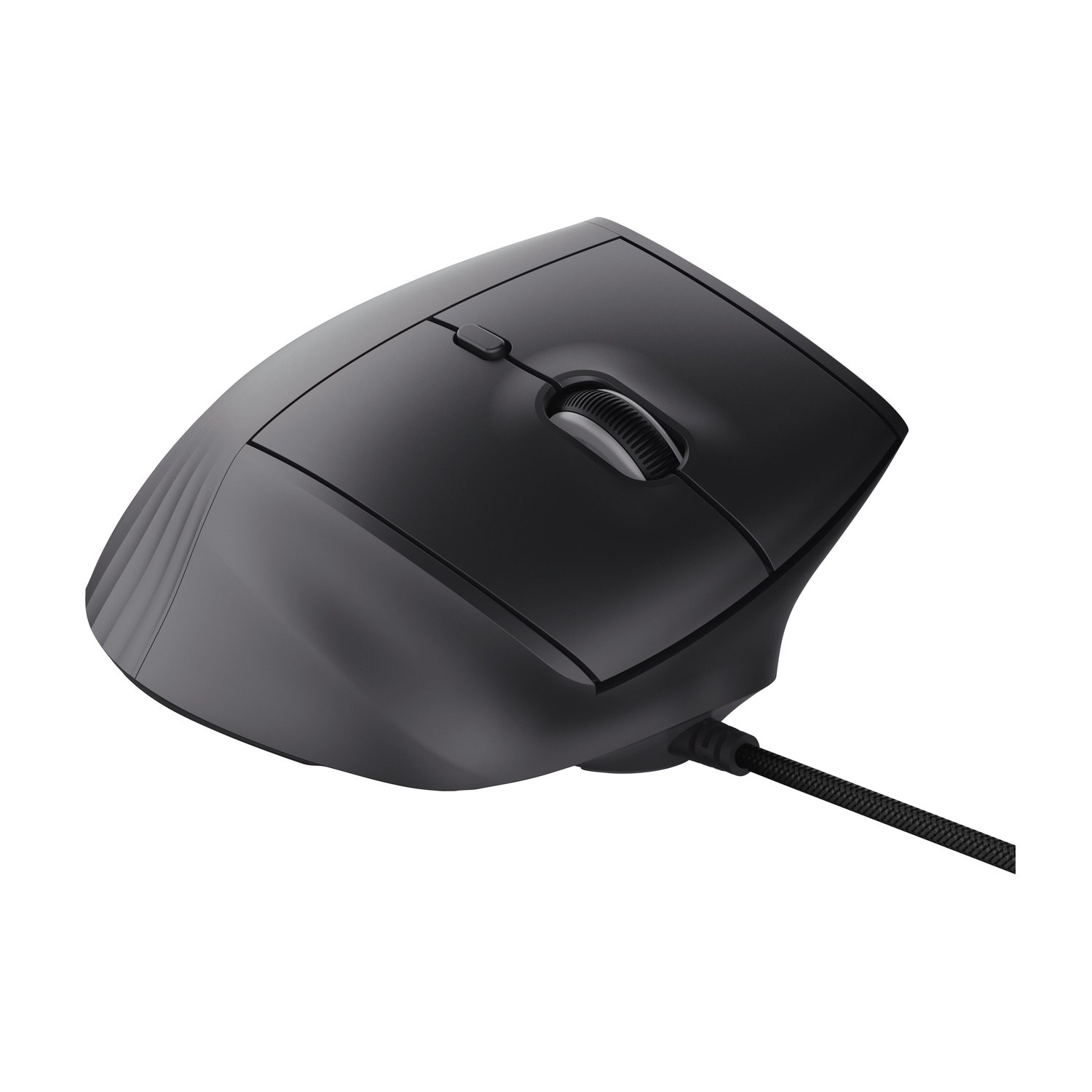 Un mouse per computer nero con cavo e rotellina di scorrimento su sfondo bianco.