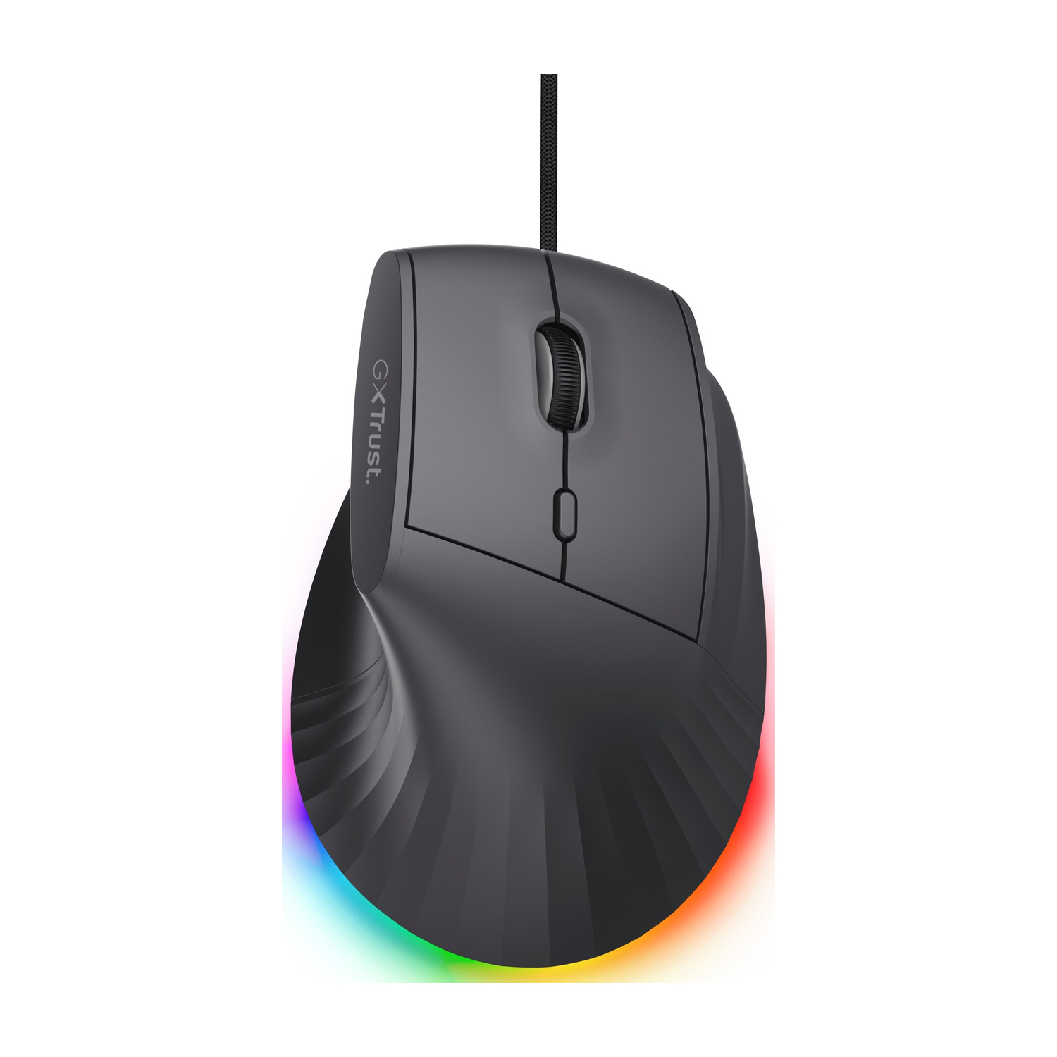 Un mouse da gioco cablato nero con illuminazione RGB su sfondo bianco.