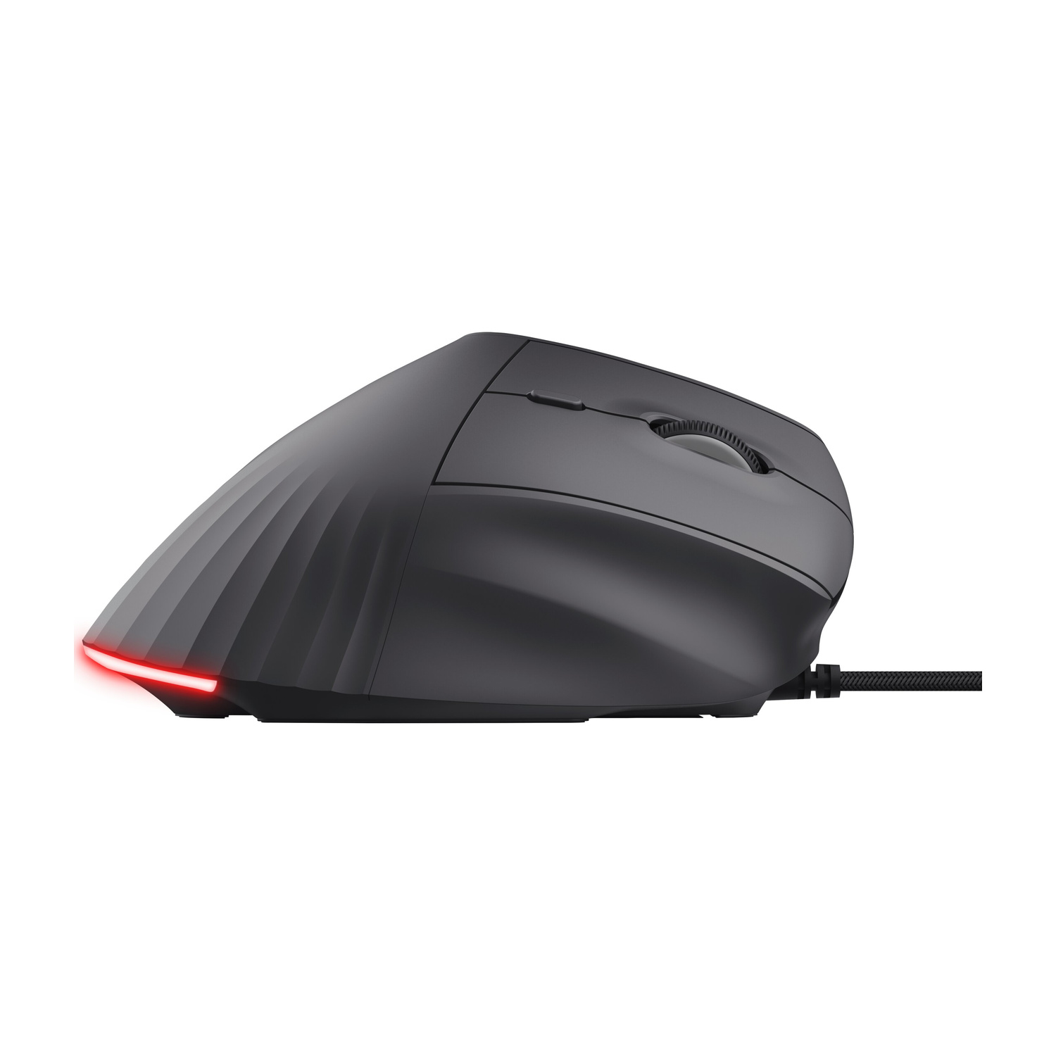 Un mouse per computer nero con illuminazione a LED rossa sul retro e un cavo intrecciato.