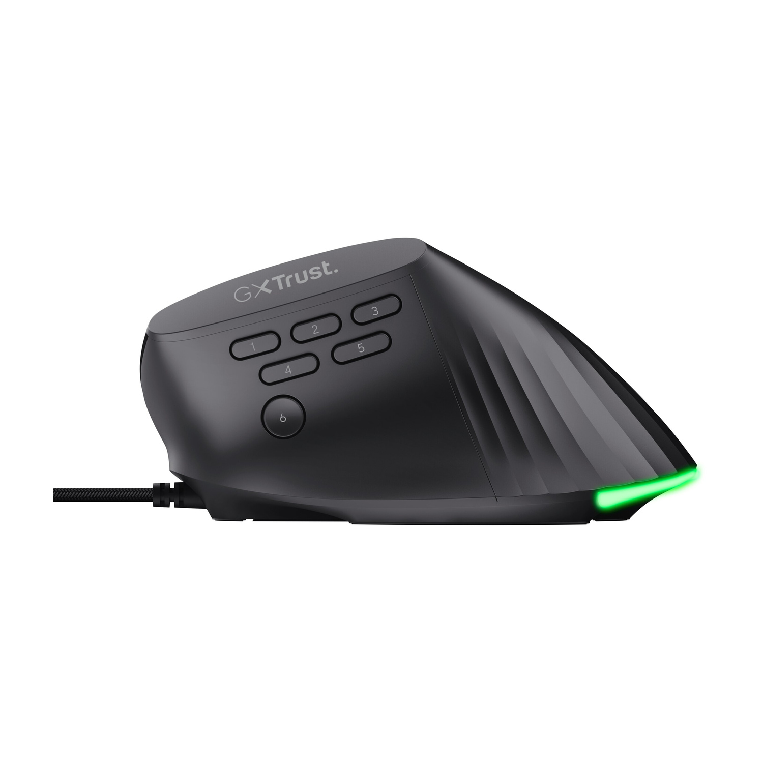 Un mouse nero ergonomico GX Trust con sei pulsanti laterali e una luce LED verde su sfondo bianco.