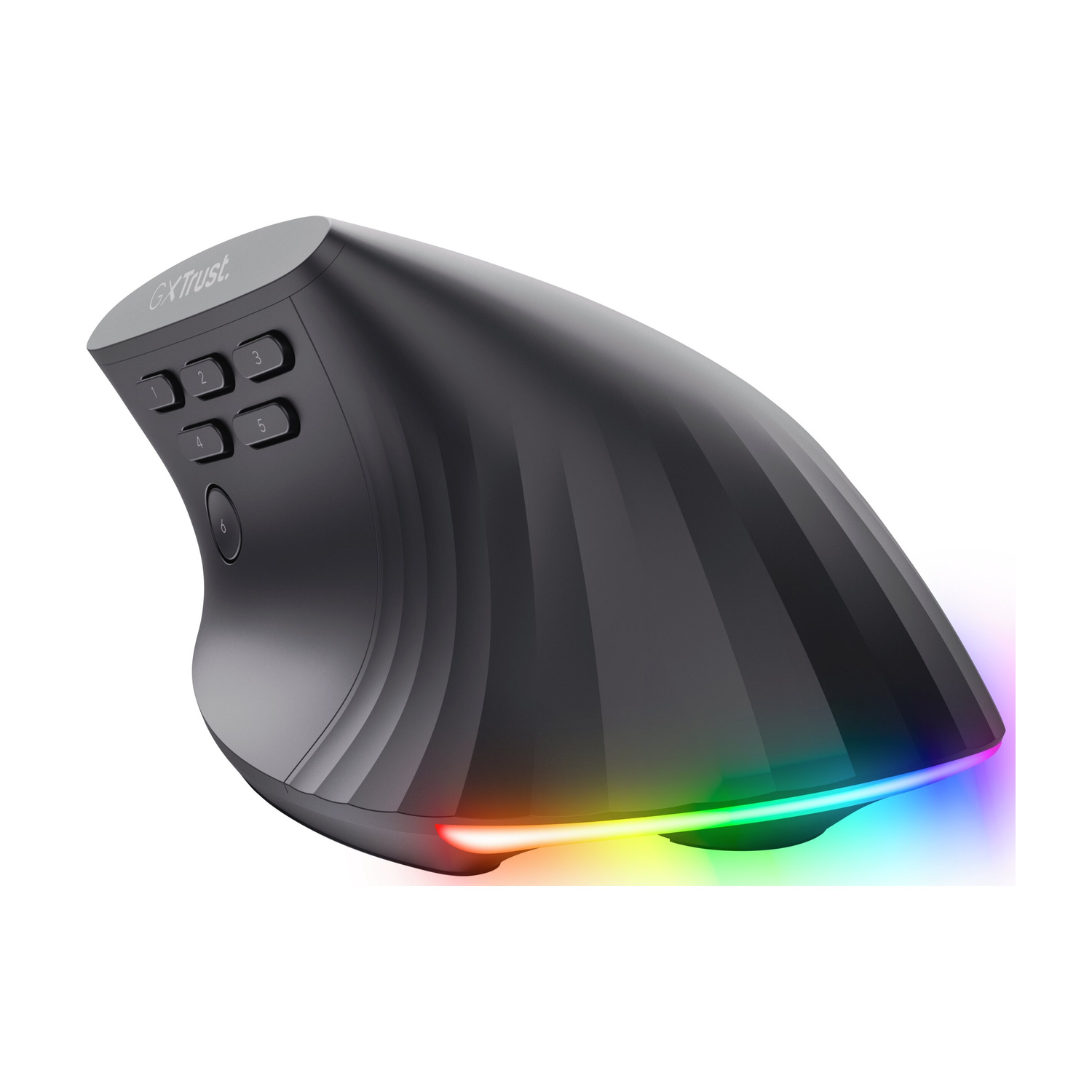 Un mouse verticale ergonomico nero con sei pulsanti numerati e una striscia di luce RGB colorata alla base.