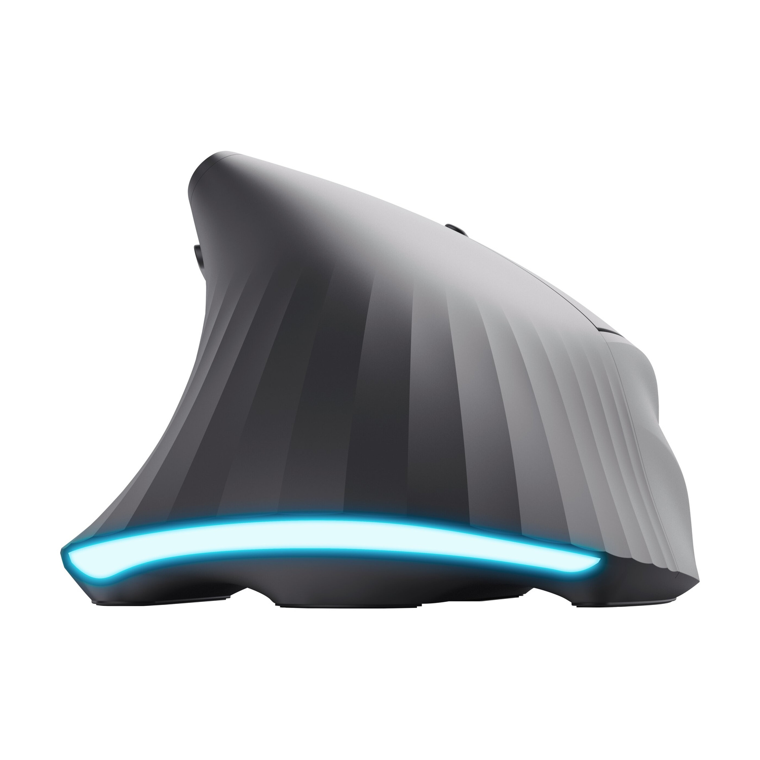 Un mouse per computer ergonomico nero con una striscia LED blu brillante lungo il fondo.