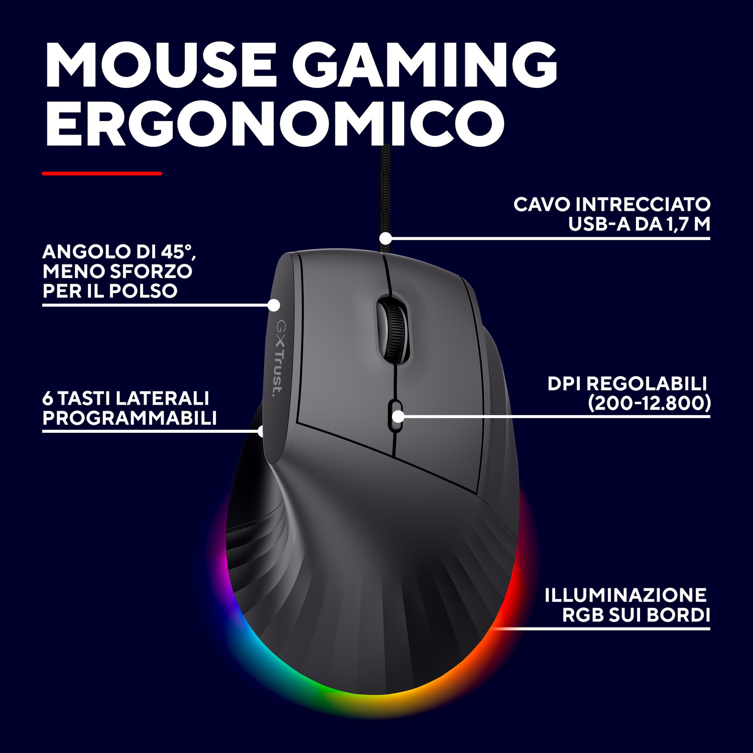 Mouse da gaming ergonomico con illuminazione RGB e cavo intrecciato su sfondo scuro.