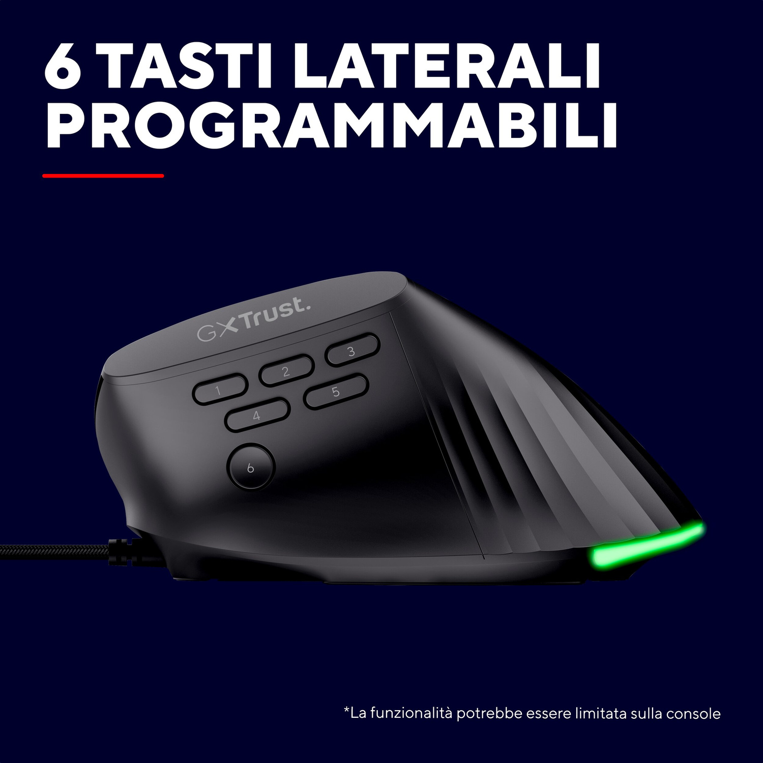 Mouse da gioco ergonomico nero con sei pulsanti laterali programmabili e luce LED verde su sfondo scuro.