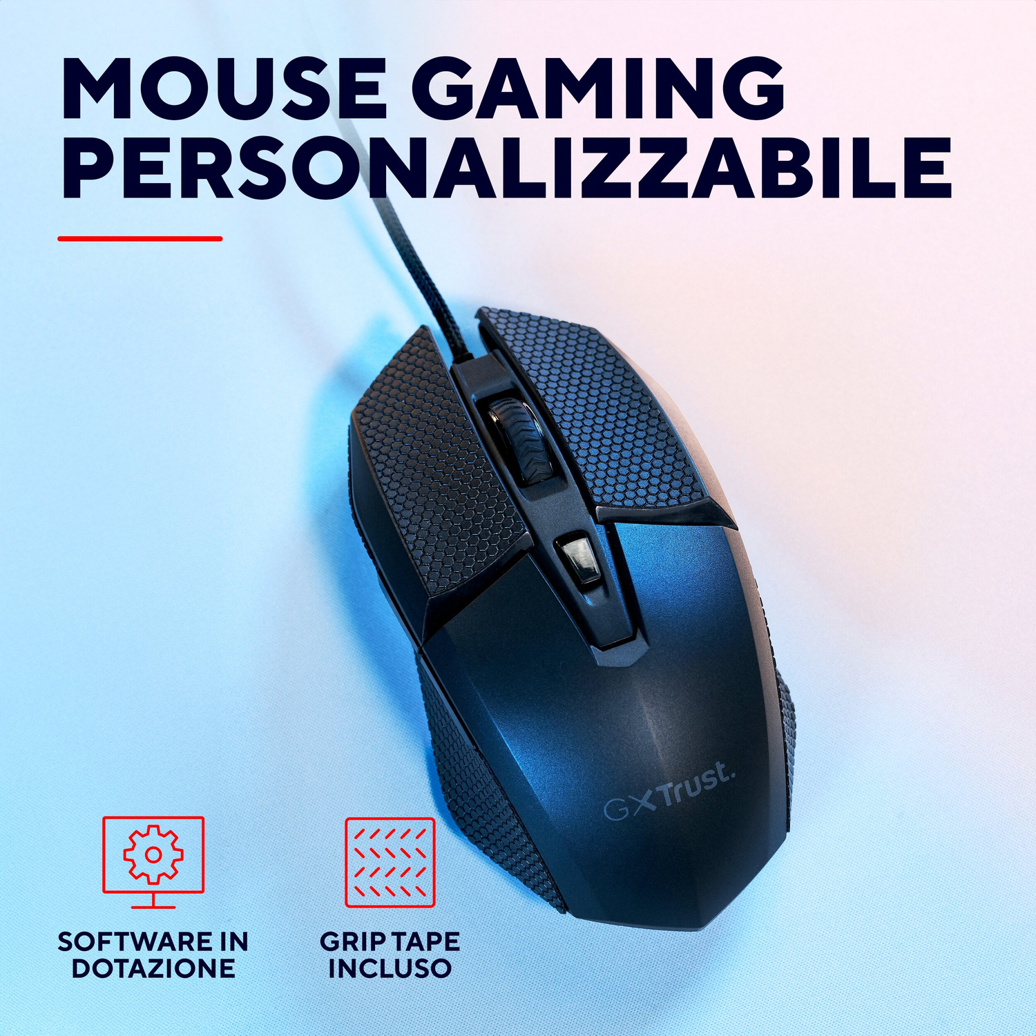 Mouse gaming nero GXTrust con impugnatura a nido d'ape su sfondo blu e rosa con testo.