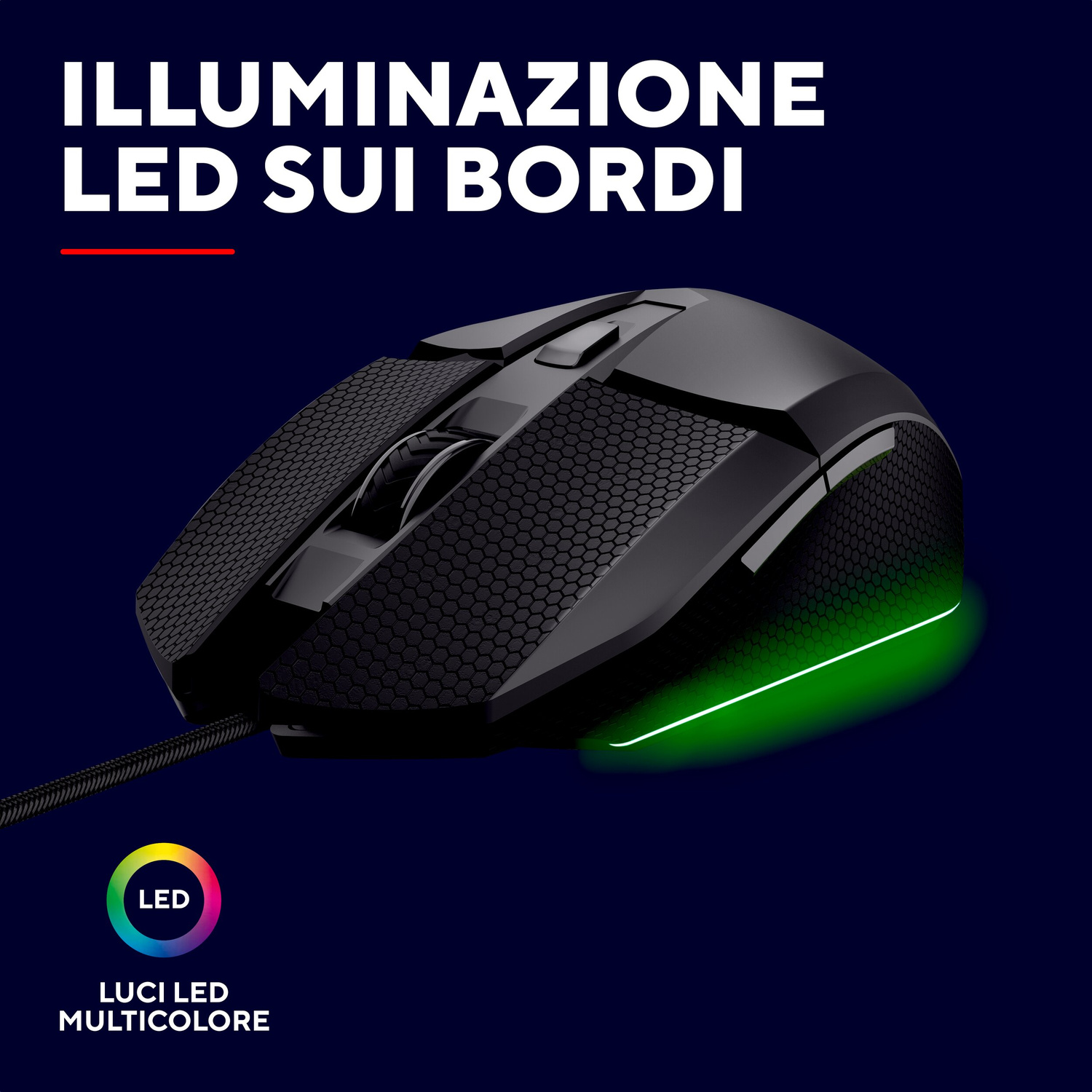 Mouse da gioco nero con illuminazione LED sui bordi e cavo intrecciato su sfondo scuro.