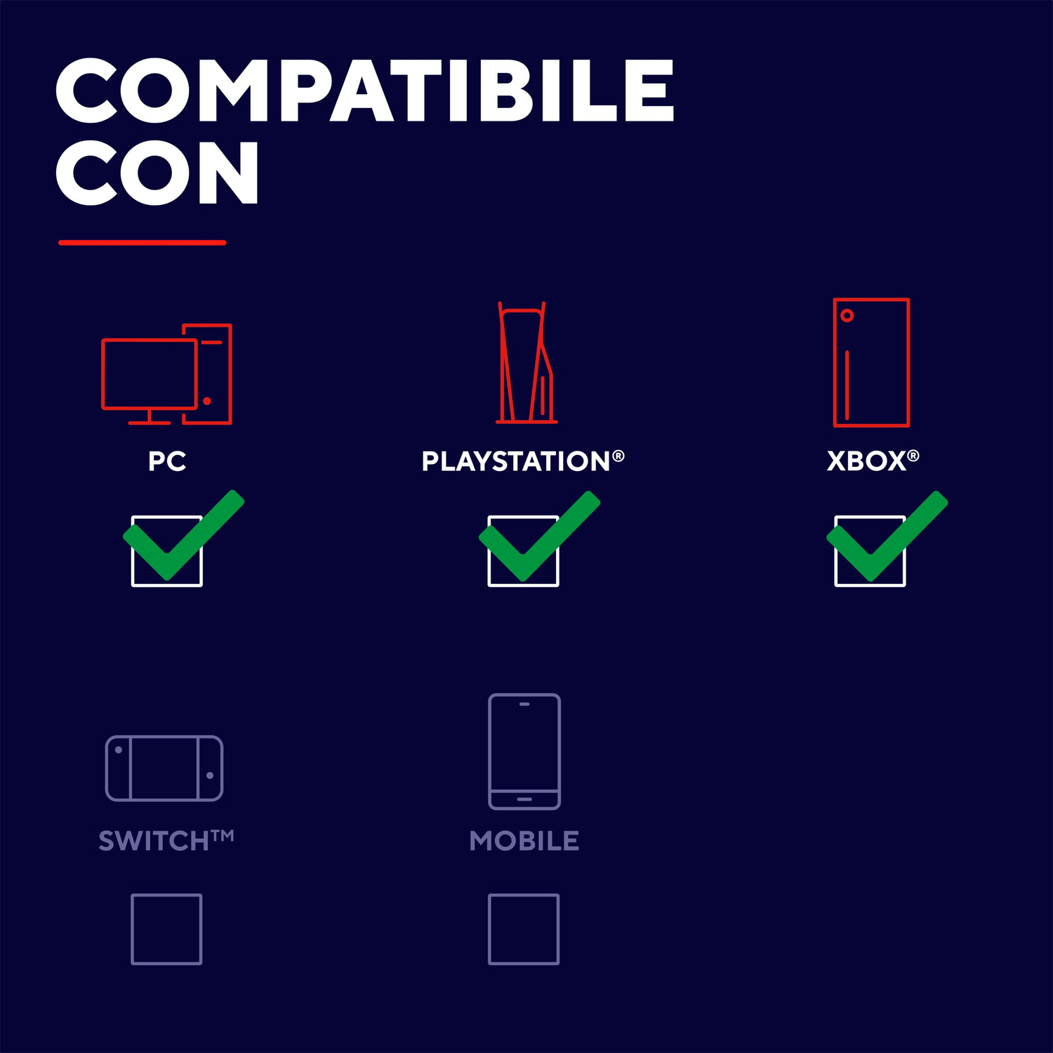 Panoramica della compatibilità per PC, Playstation e Xbox con segni di spunta verdi su sfondo blu.
