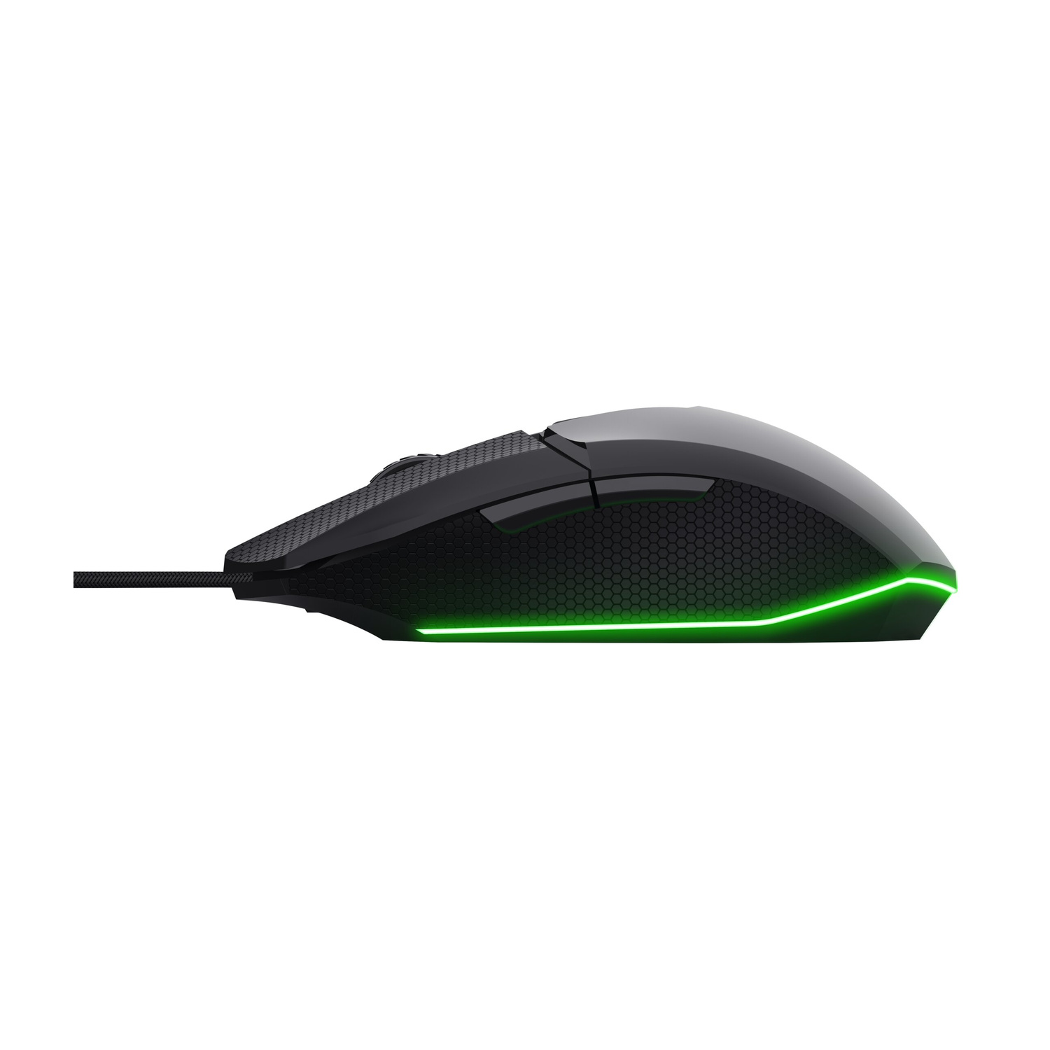 Un mouse da gioco nero con lati testurizzati e una vivace striscia LED verde sul fondo su sfondo bianco.