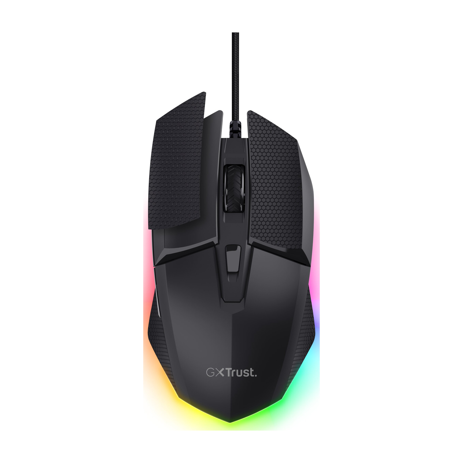 Un mouse da gioco GXTrust nero con illuminazione RGB colorata integrata e cavo intrecciato su sfondo bianco.