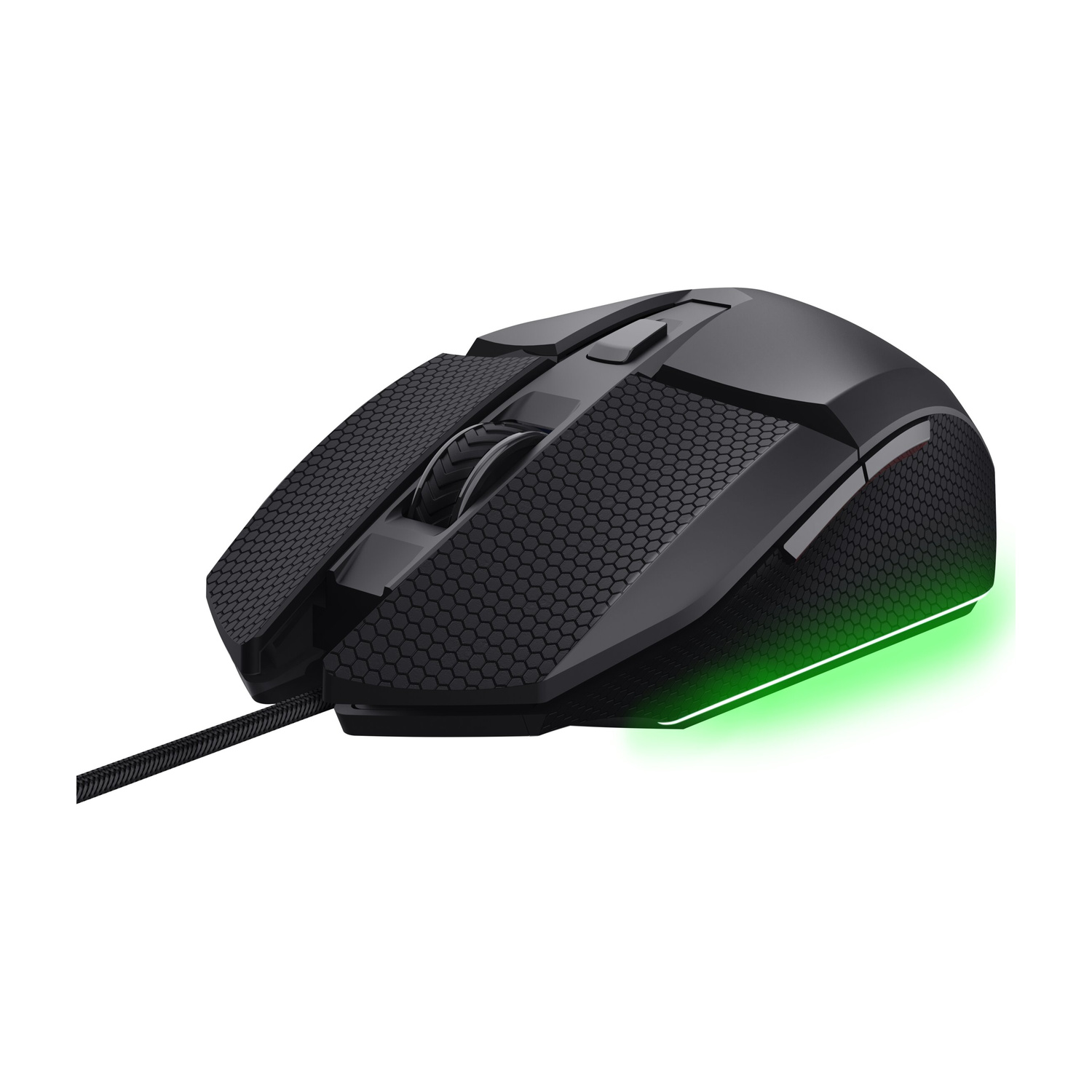 Mouse da gioco nero con trama a nido d'ape e vivace illuminazione verde inferiore su sfondo bianco.