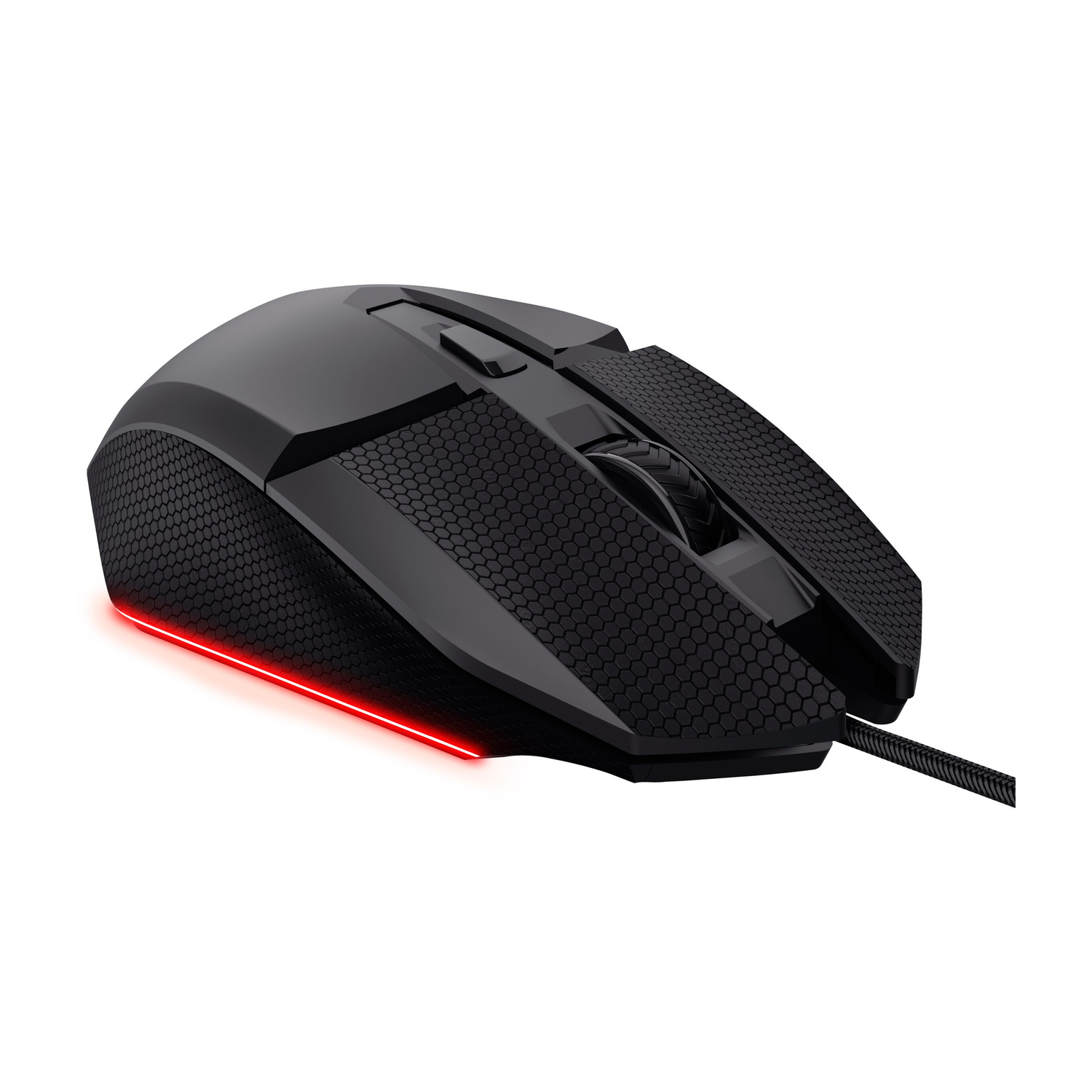 Mouse da gioco nero con striscia LED rossa e impugnature laterali testurizzate su sfondo bianco.
