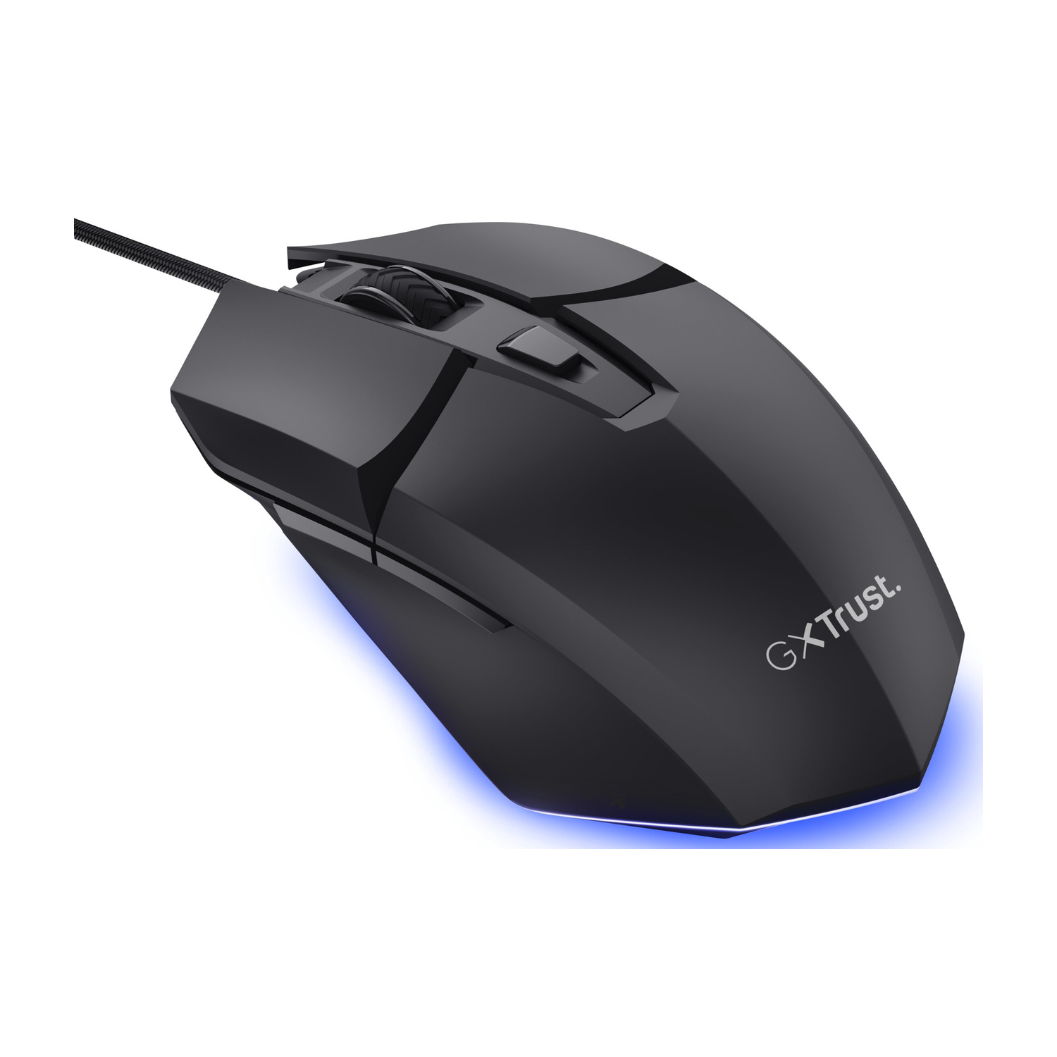 Un mouse da gioco cablato nero con retroilluminazione a LED blu su sfondo bianco.