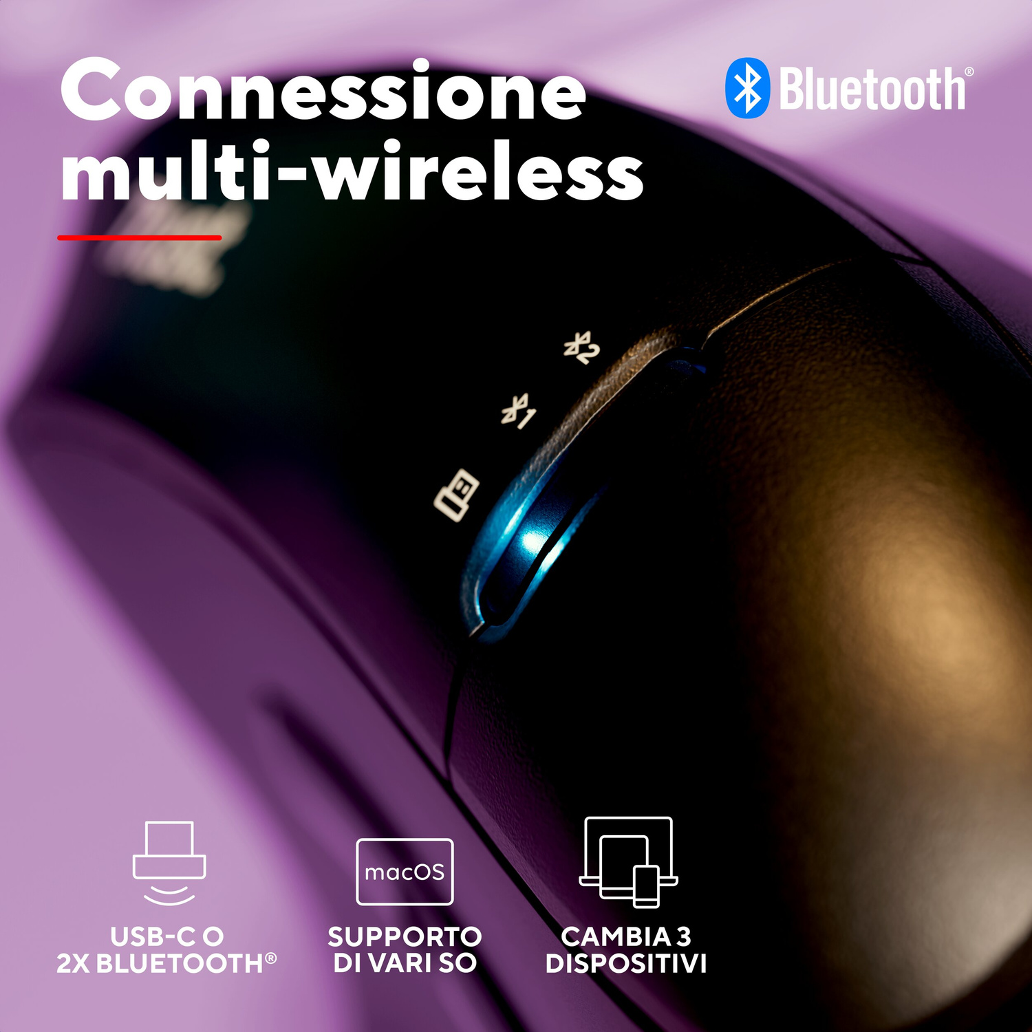 Mouse wireless nero con spia luminosa e testo di connessione multi-wireless su sfondo viola.