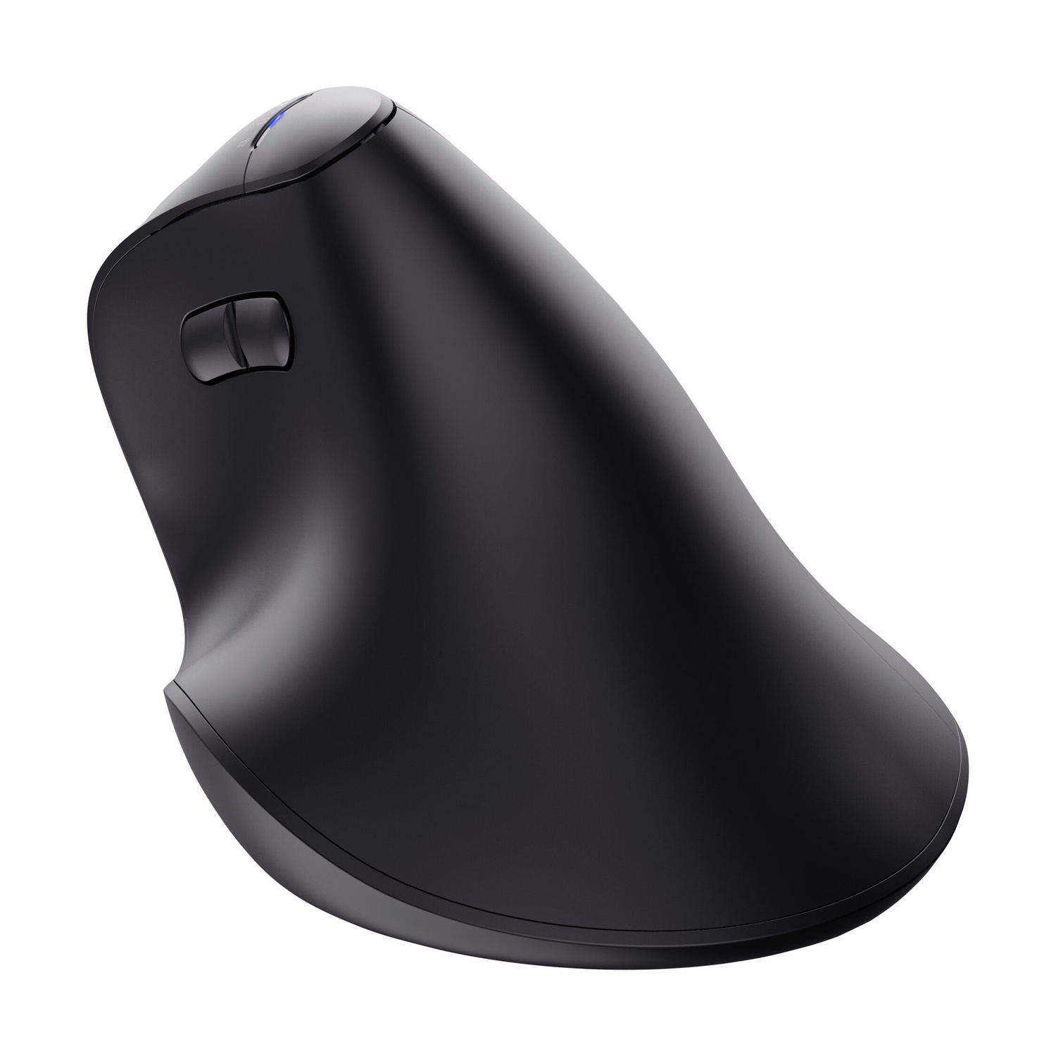 Un mouse per computer verticale nero ed ergonomico su sfondo bianco.