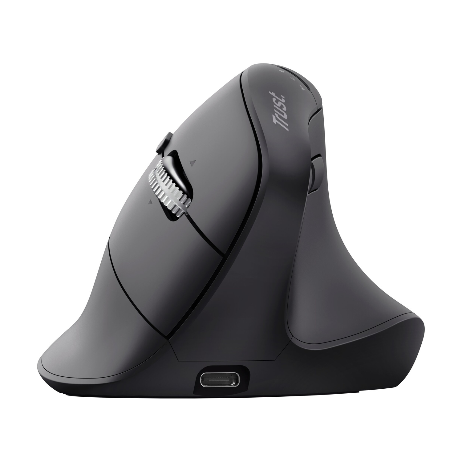 Mouse verticale ergonomico nero con rotella di scorrimento e porta USB-C su fondo bianco.