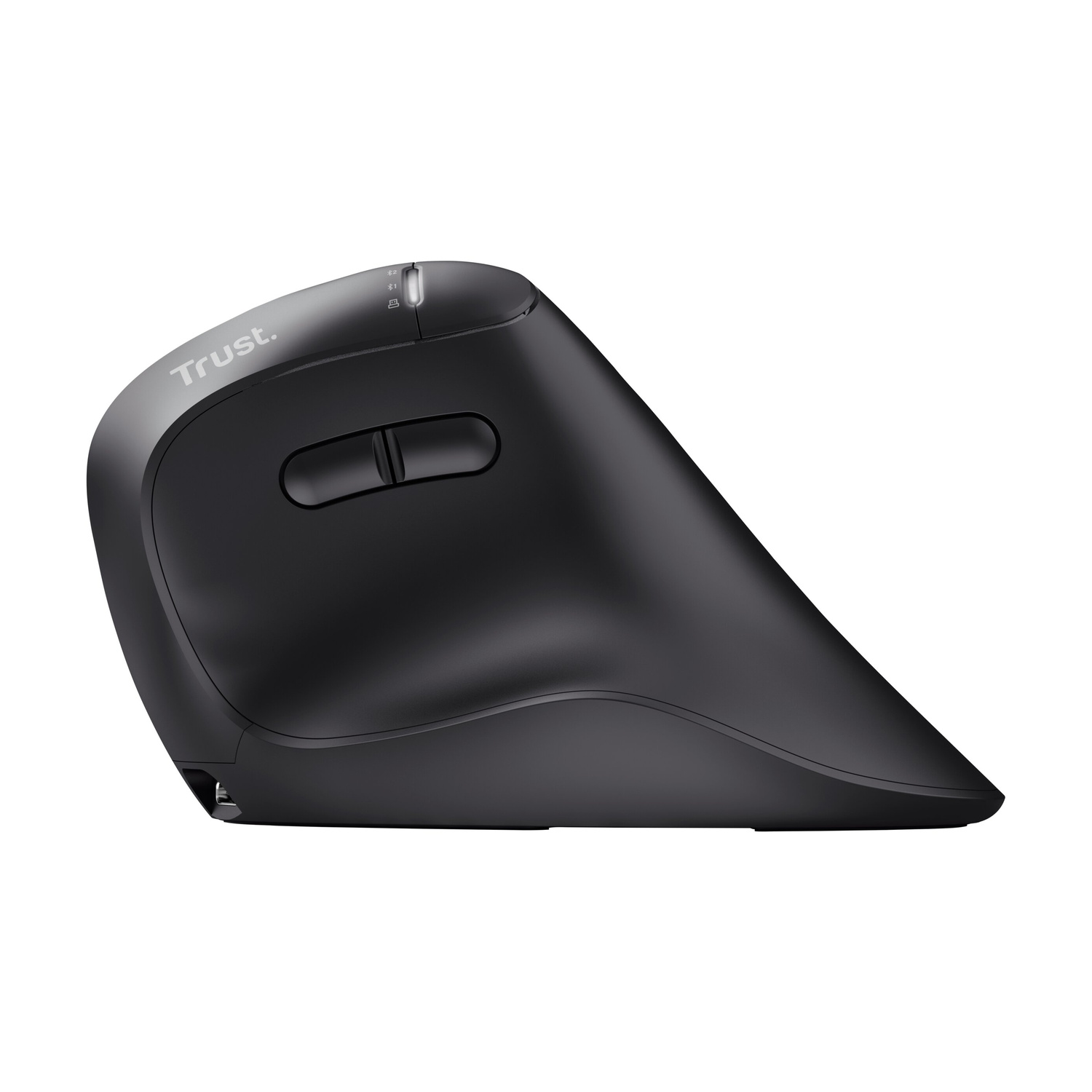 Mouse ergonomico nero Trust con due pulsanti per il pollice e indicatore LED su sfondo bianco.