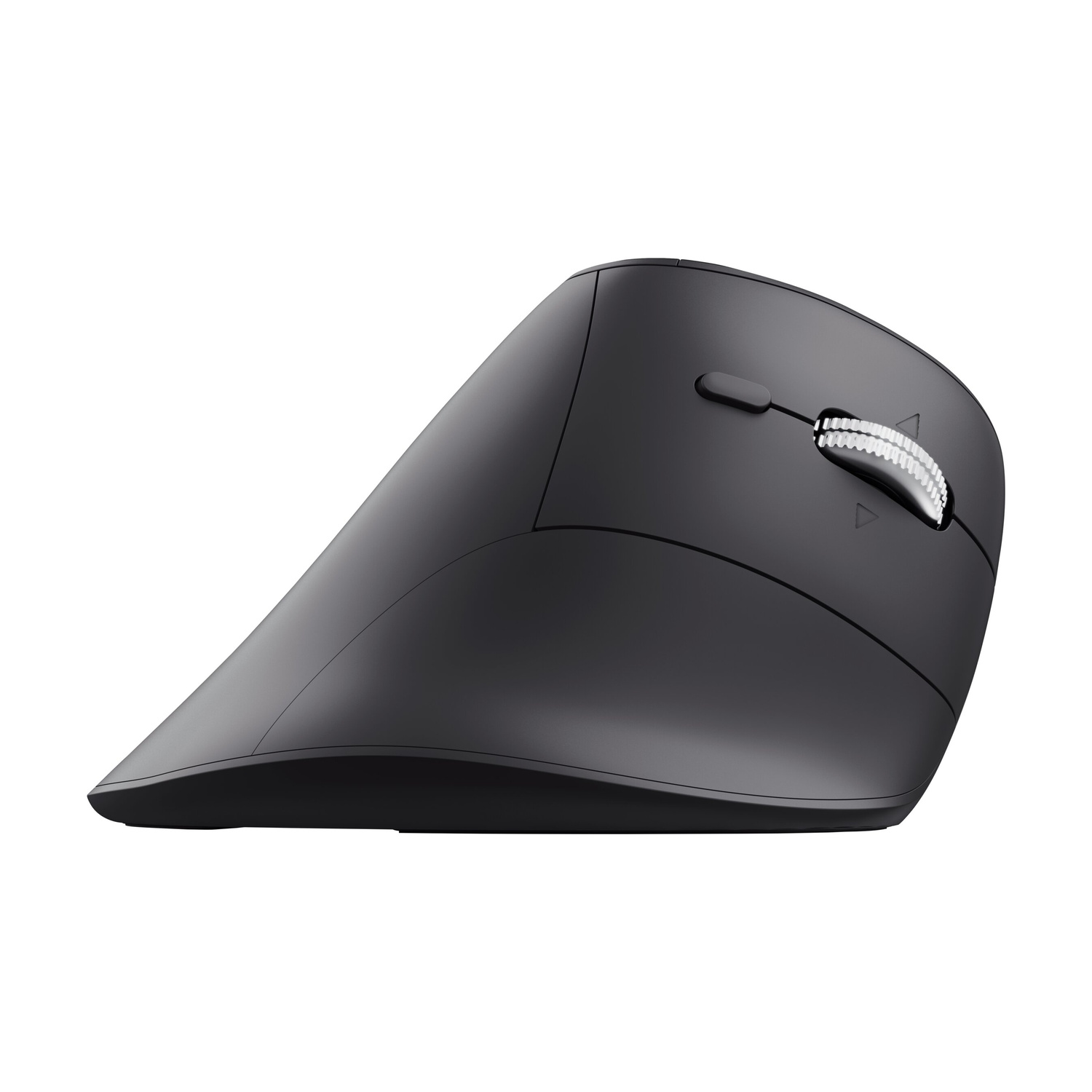 Un mouse wireless ergonomico nero con rotella argentata, visto di lato su sfondo bianco.