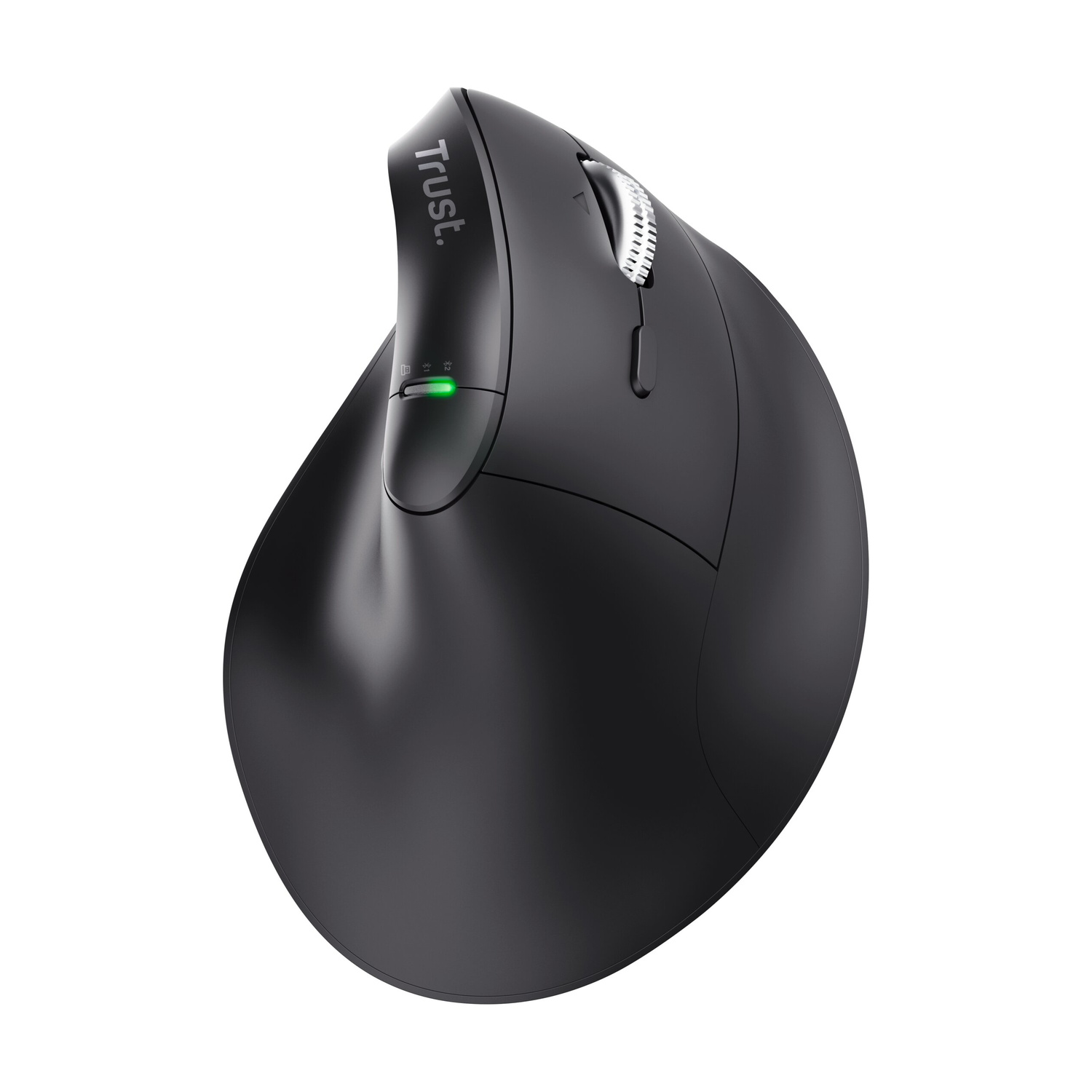 Un mouse per computer verticale ergonomico nero con una luce verde brillante e una rotellina di scorrimento argentata.