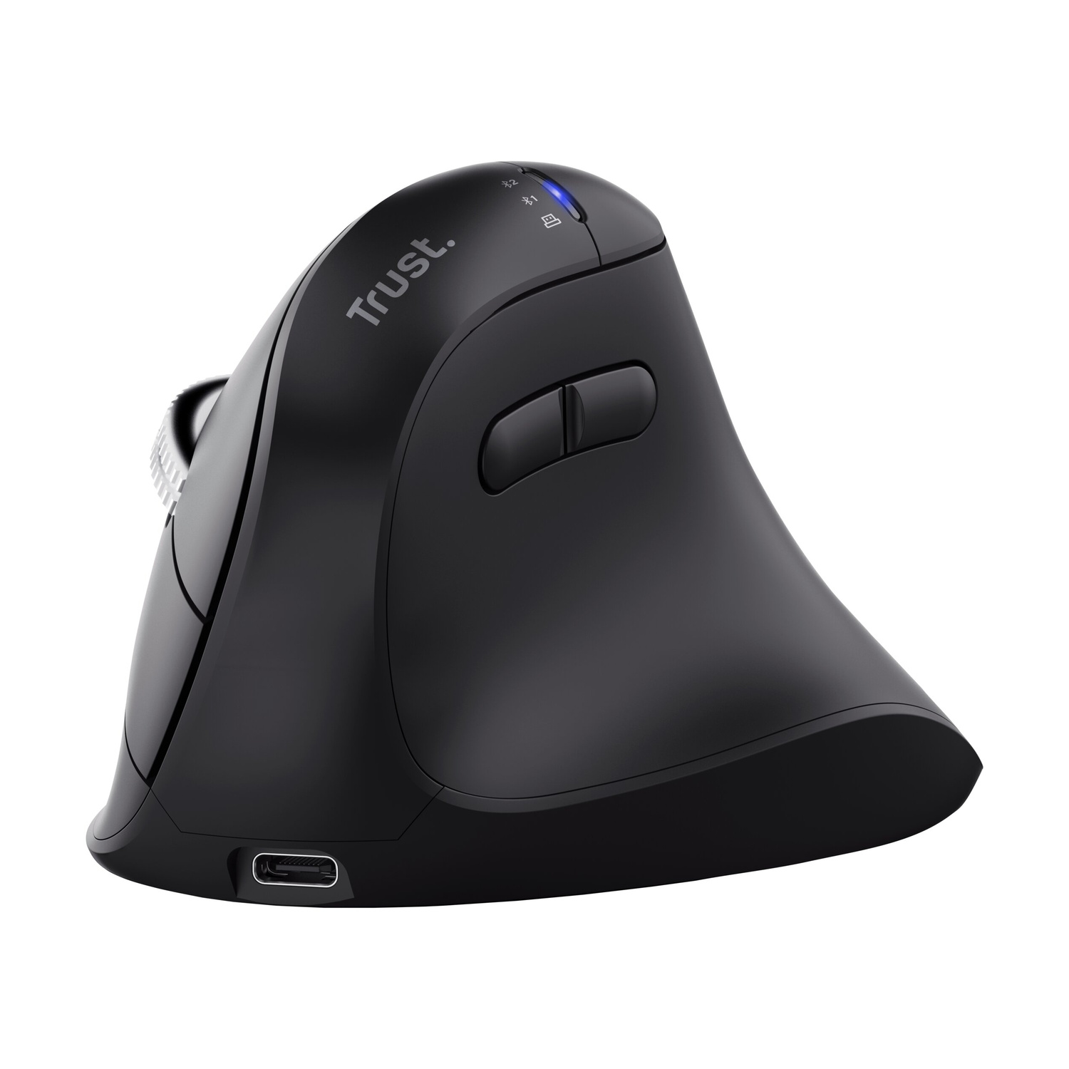 Mouse ergonomico Trust nero con porta USB-C su sfondo bianco.