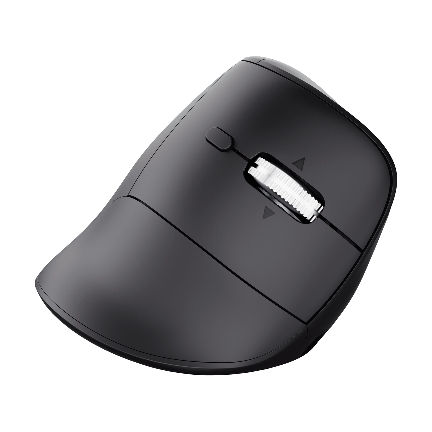 Un mouse per computer nero ergonomico con rotella di scorrimento argentata su sfondo bianco.