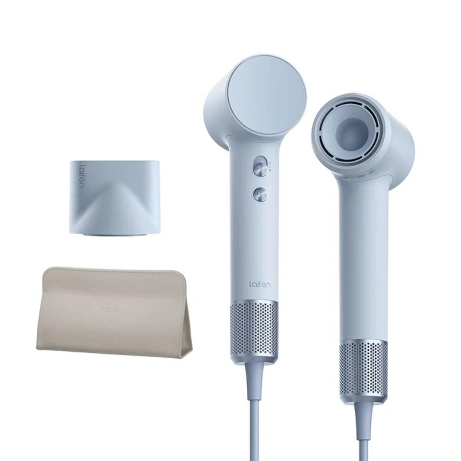 Un asciugacapelli Laifen azzurro con bocchetta e astuccio beige su sfondo bianco.