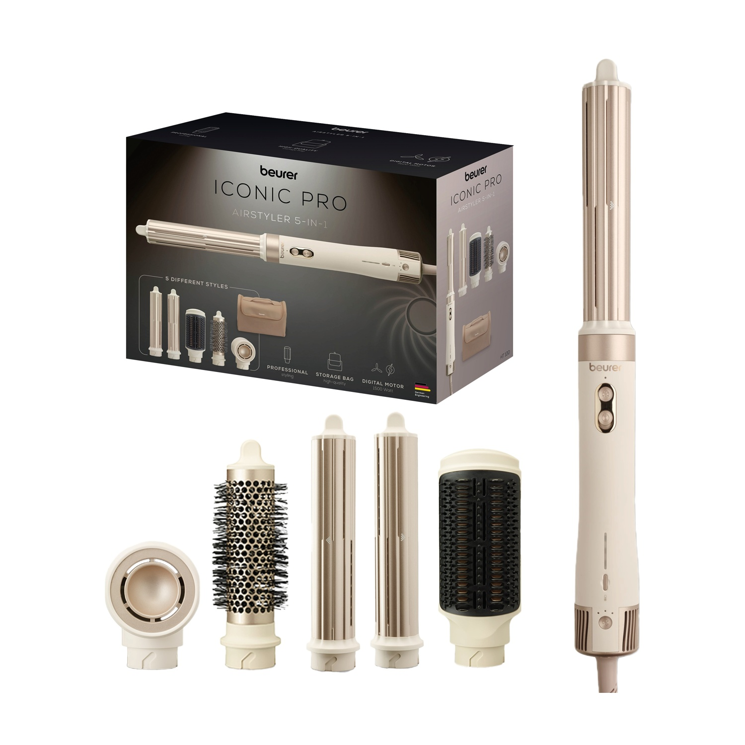 Beurer Iconic Pro Airstyler 5 in 1 con scatola e cinque diversi accessori, in beige.