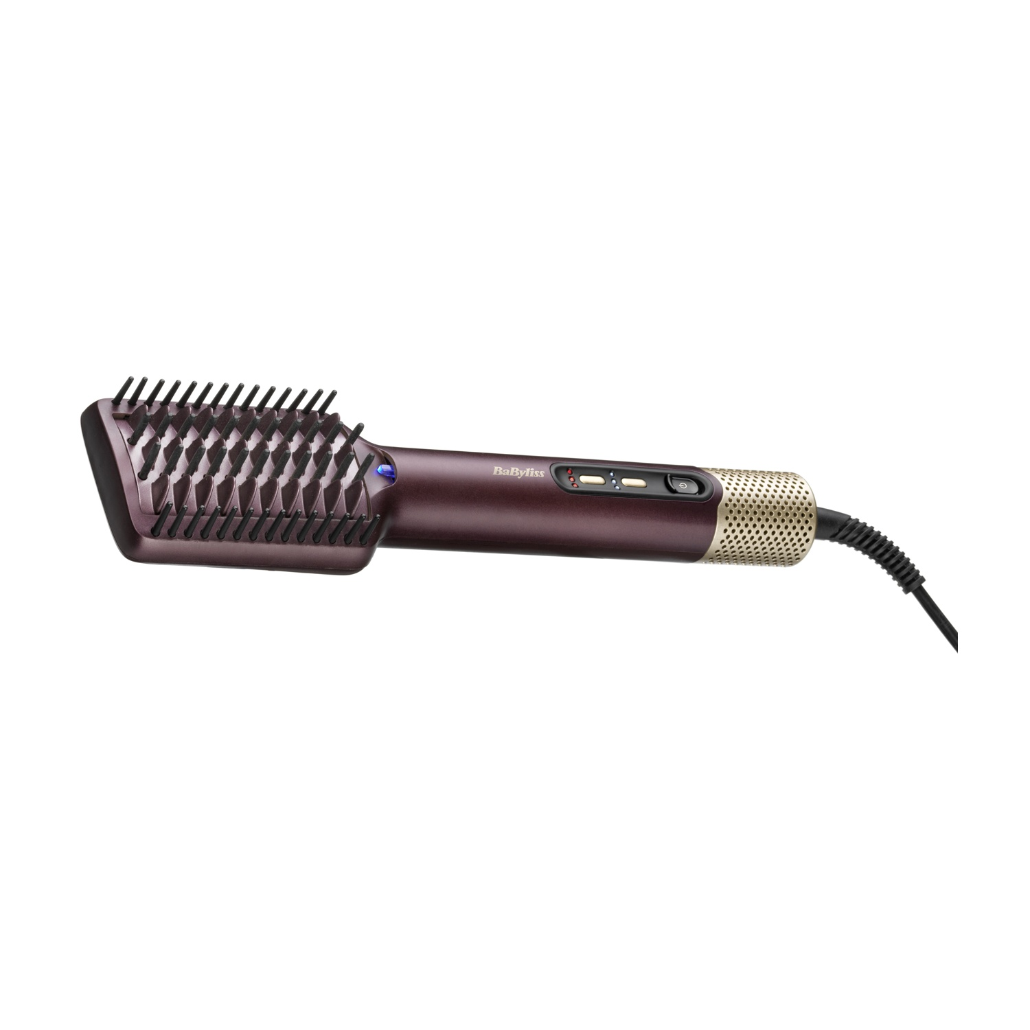 Una spazzola lisciante BaByliss marrone con setole nere, dettagli dorati e cavo di alimentazione su sfondo bianco.