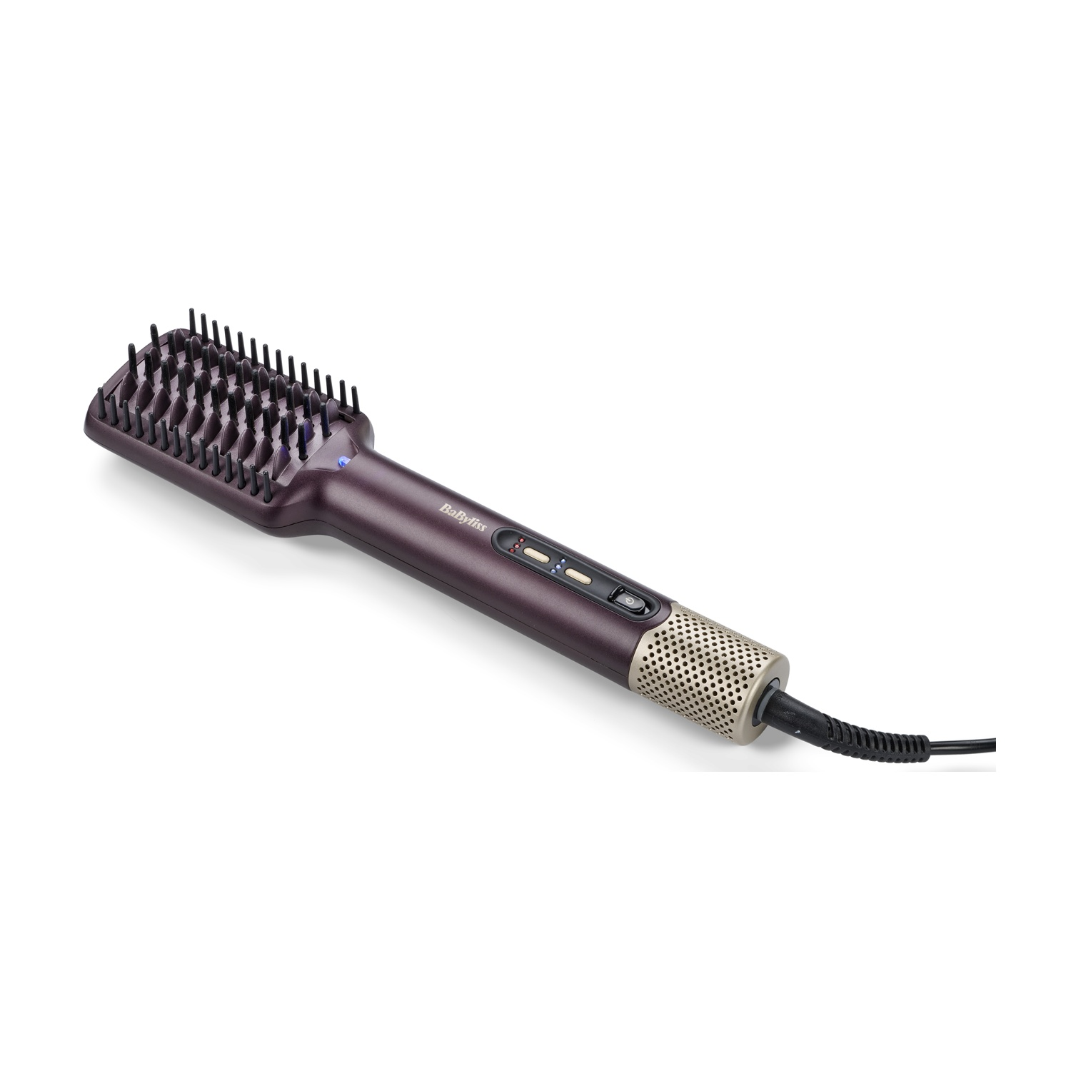Una spazzola lisciante BaByliss viola con setole nere e manico dorato su sfondo bianco.