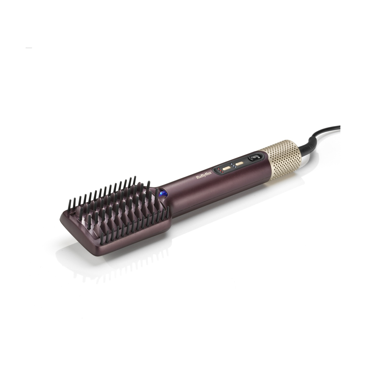 Spazzola ad aria calda BaByliss rosso scuro con impugnatura dorata e cavo nero su sfondo bianco.