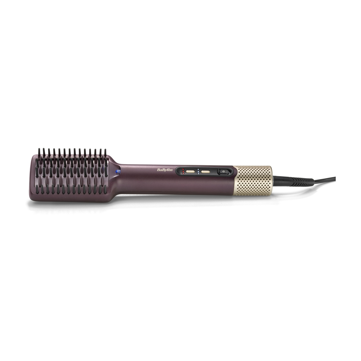 Spazzola lisciante BaByliss viola con setole nere e manico dorato su sfondo bianco.