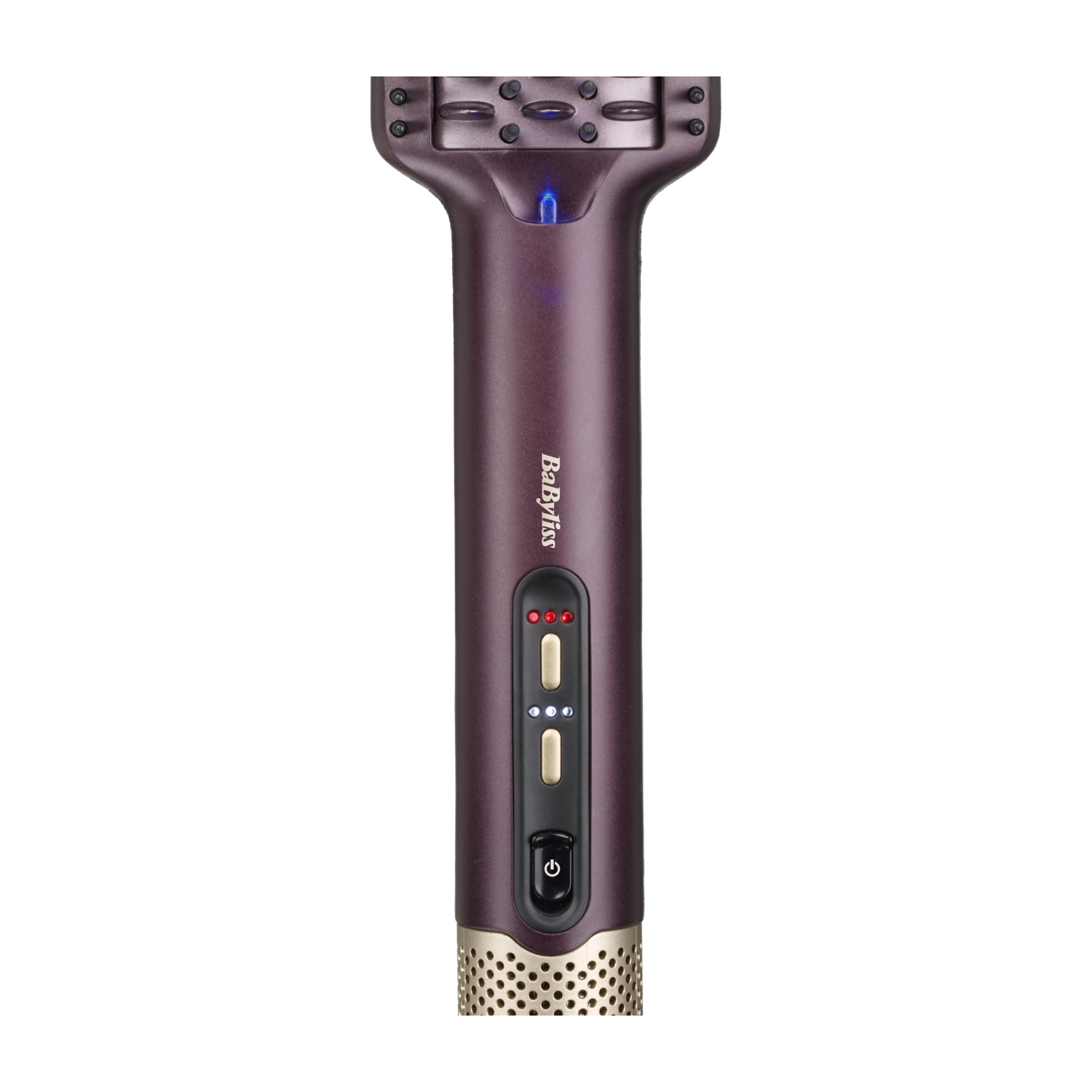 Stylist per capelli BaByliss viola con dettagli dorati, pulsanti di controllo e griglia su sfondo bianco.