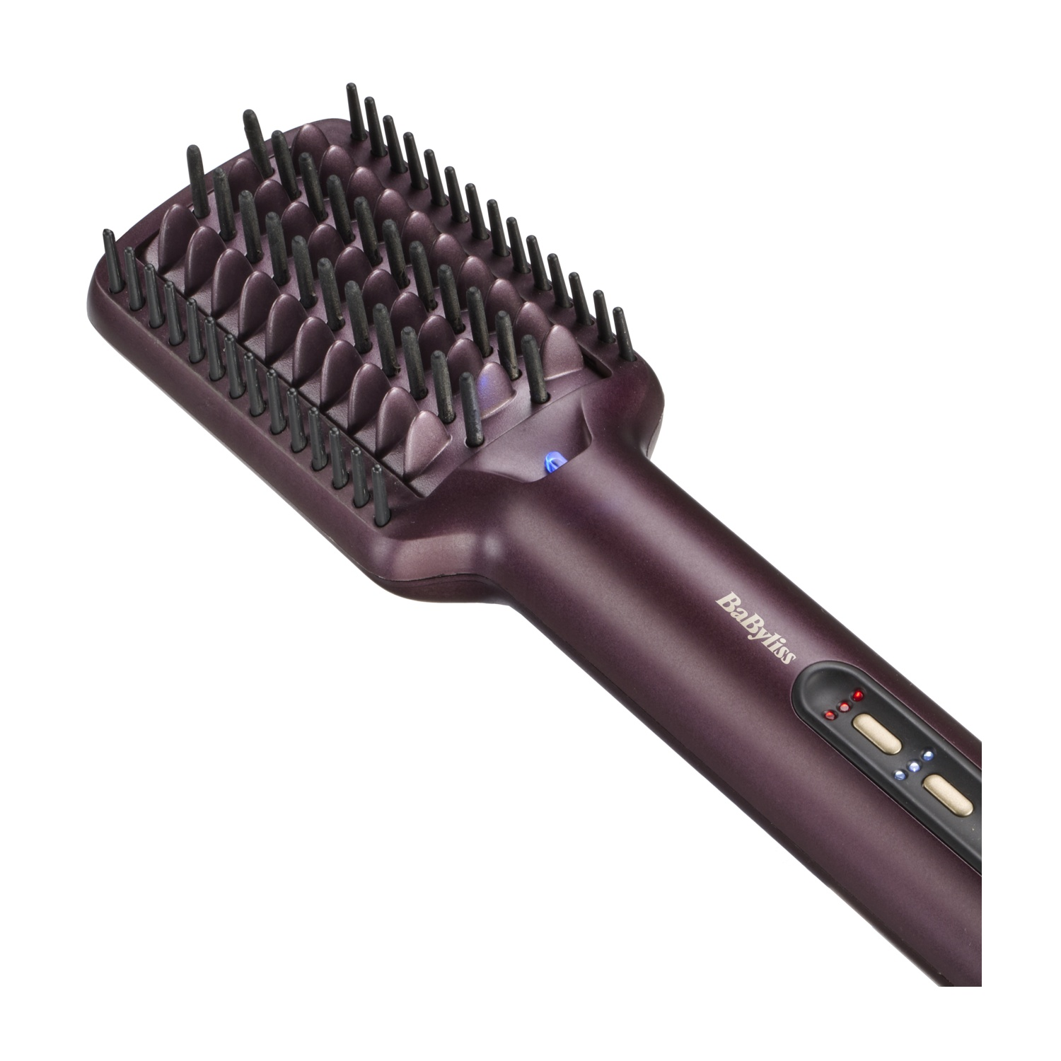 Spazzola lisciante BaByliss viola con setole nere e spie LED.