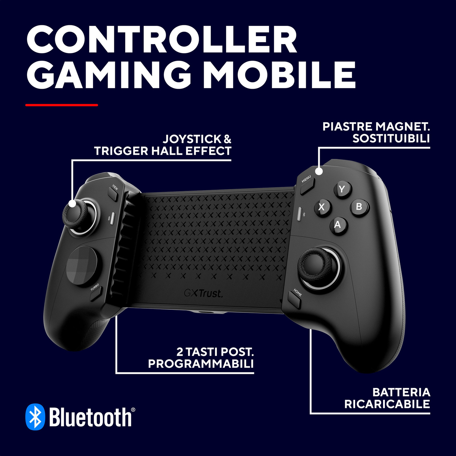 Controller di gioco mobile nero con joystick, pulsanti ABXY e logo Bluetooth su sfondo blu scuro.