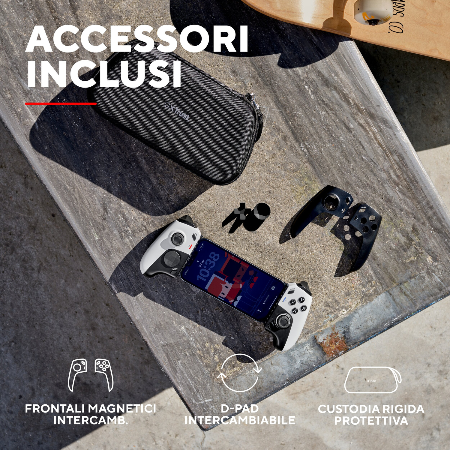 Smartphone con controller bianco, custodia nera, D-pad e cover su tavolo di legno.