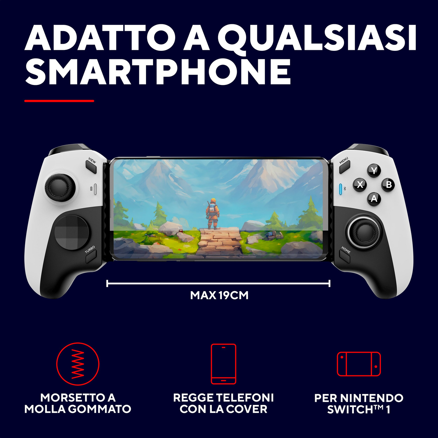 Controller di gioco bianco e nero fissato a uno smartphone con paesaggio di gioco su sfondo blu scuro.