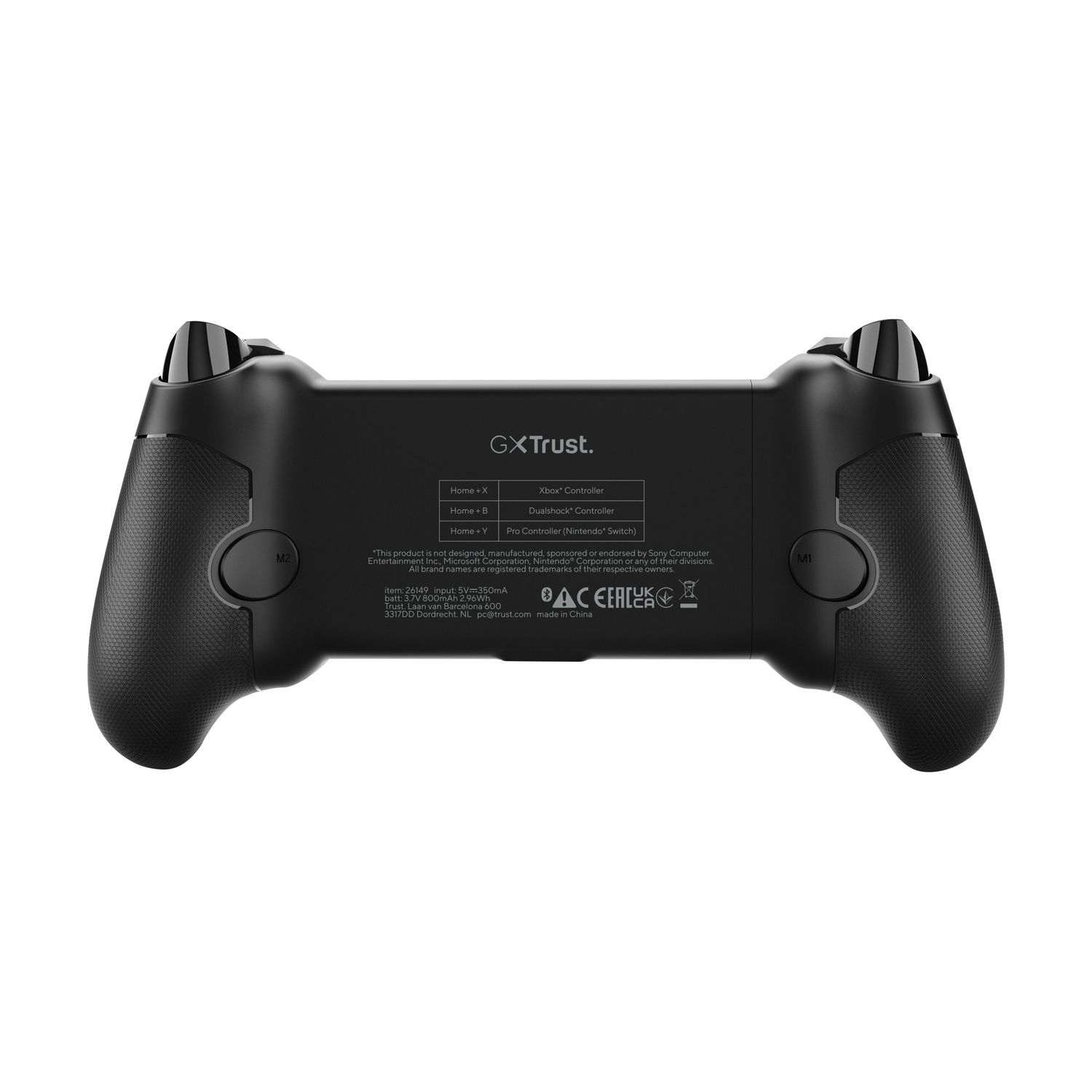 Vista posteriore di un controller nero GXTrust con impugnature testurizzate, pulsanti e testo tecnico stampato.