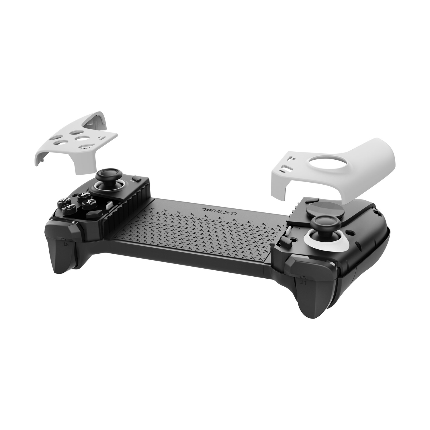 Controller di gioco mobile nero con piastre di impugnatura bianche staccabili su sfondo bianco.