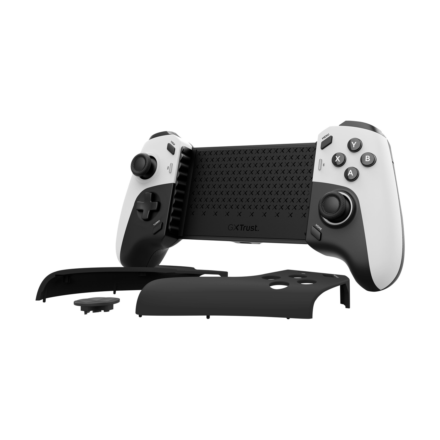 Un controller di gioco GXT bianco e nero con parti rimovibili su sfondo bianco.