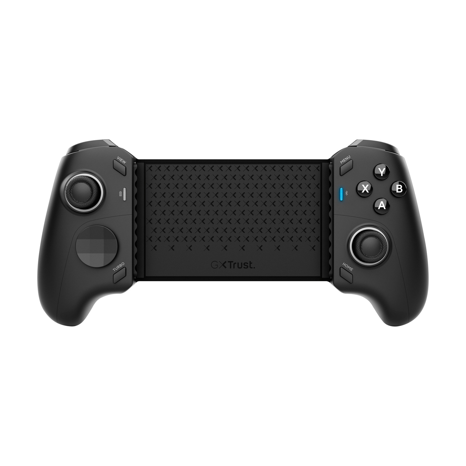 Controller di gioco mobile nero con joystick, pulsanti ABXY e logo GXTrust al centro.