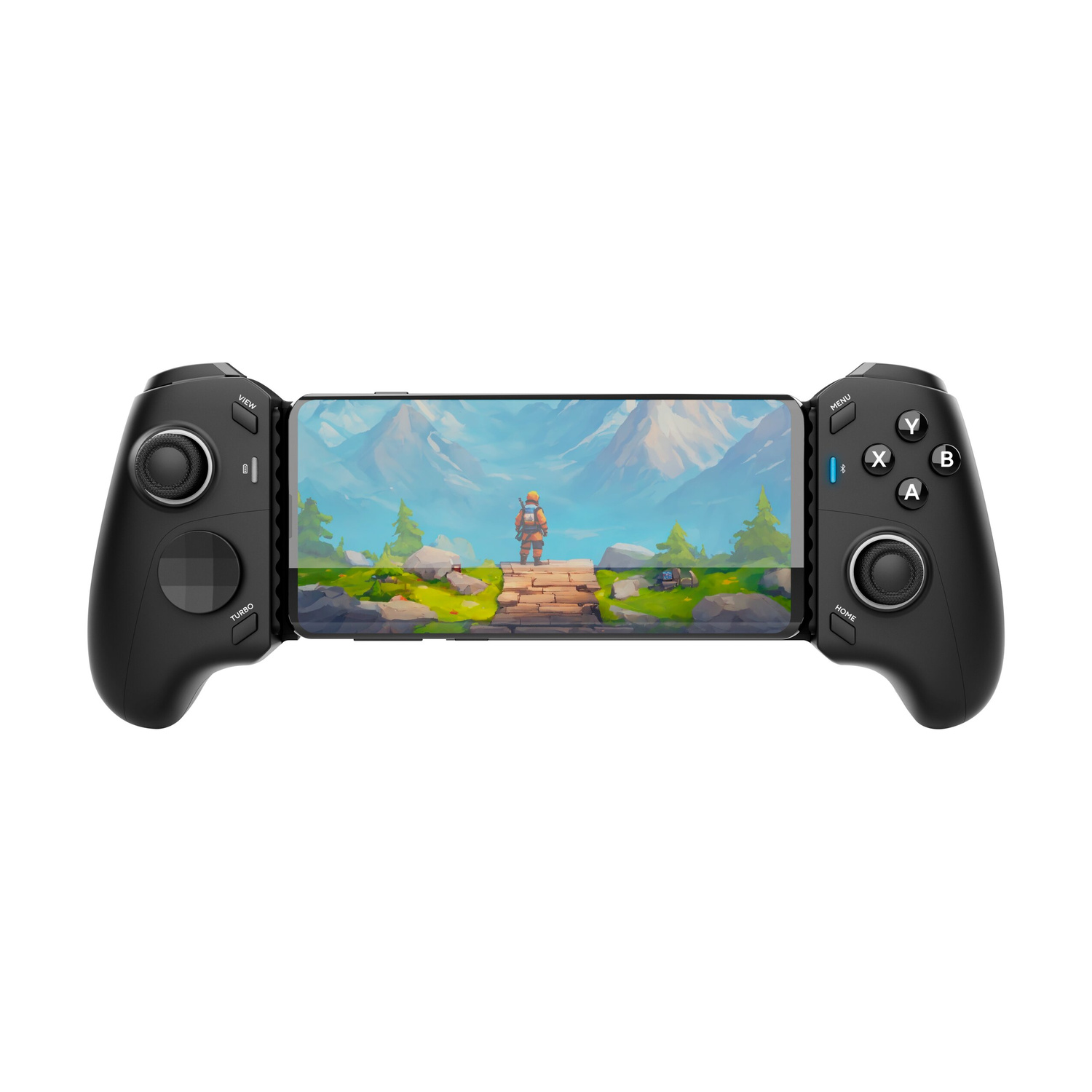 Uno smartphone inserito in un controller di gioco mobile nero che mostra un paesaggio montano.