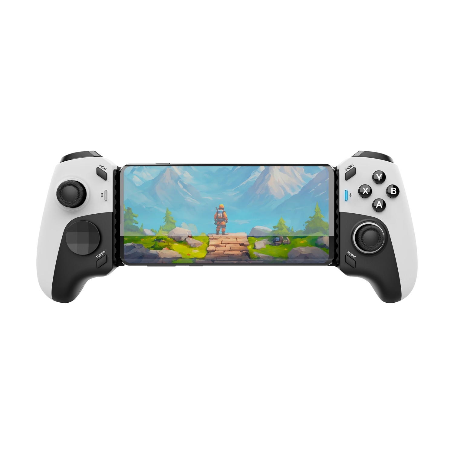 Uno smartphone montato in un controller di gioco mobile bianco e nero con un paesaggio sullo schermo.