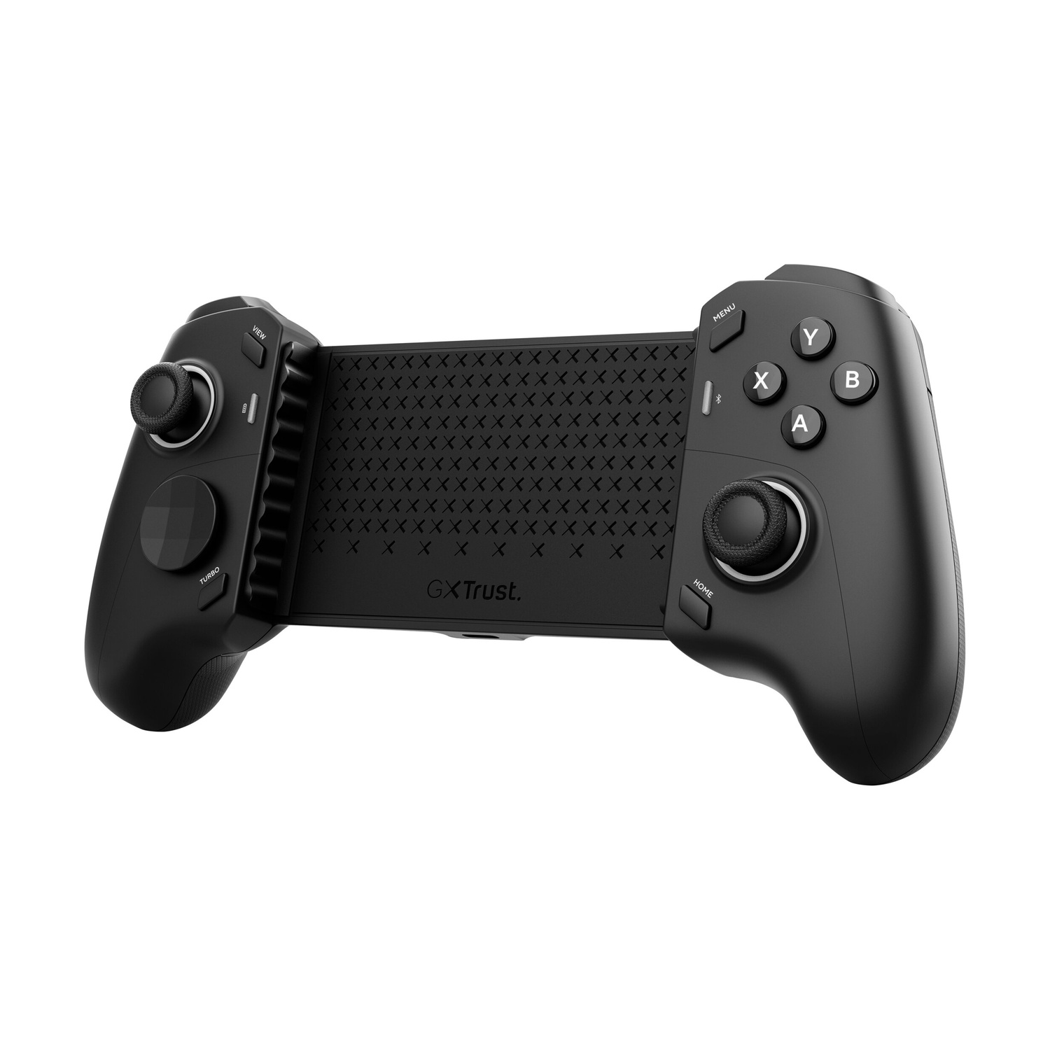 Un controller di gioco mobile nero con due joystick, pulsanti d'azione e ponte centrale testurizzato.
