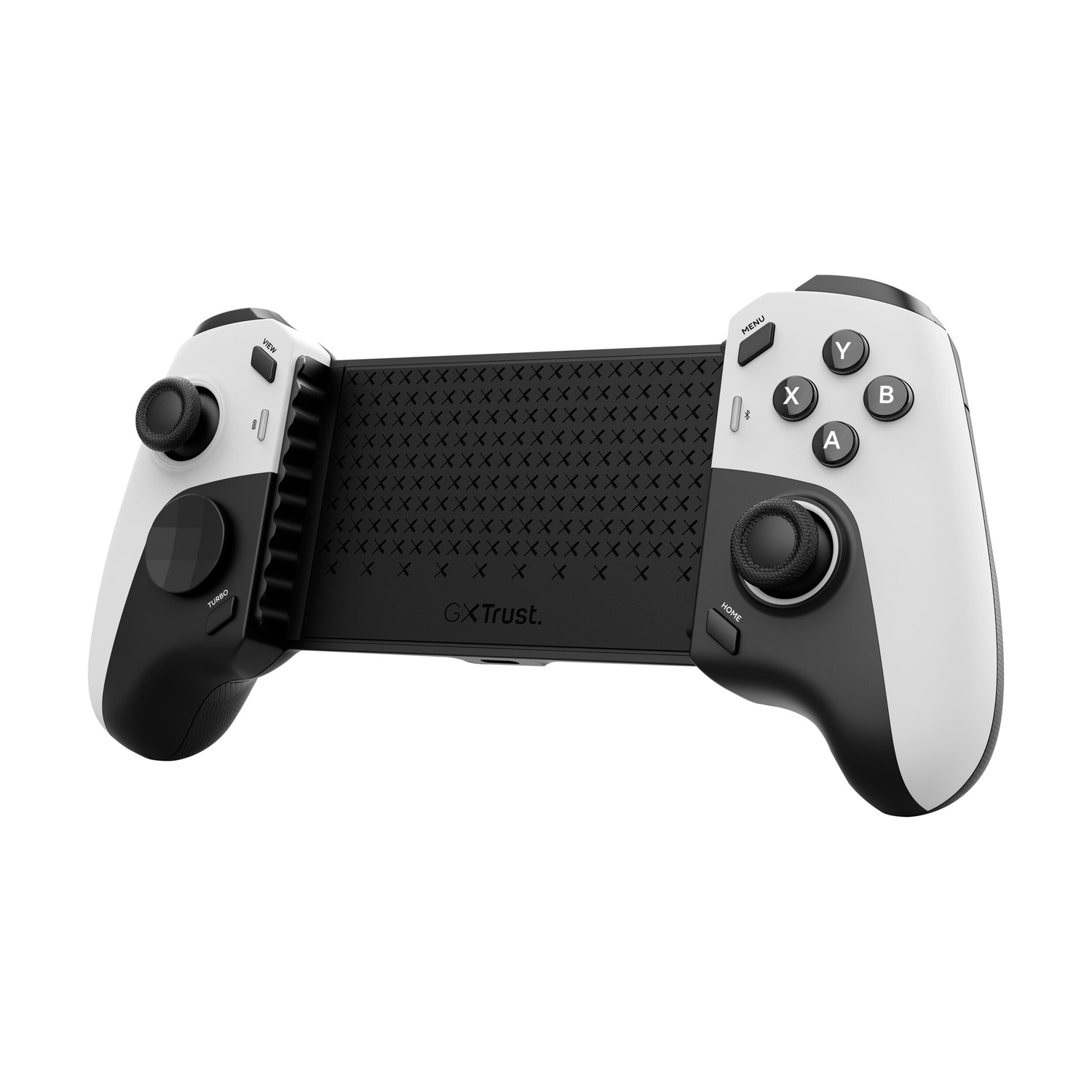 Un controller di gioco mobile GXTrust bianco e nero con due levette analogiche e pulsanti.